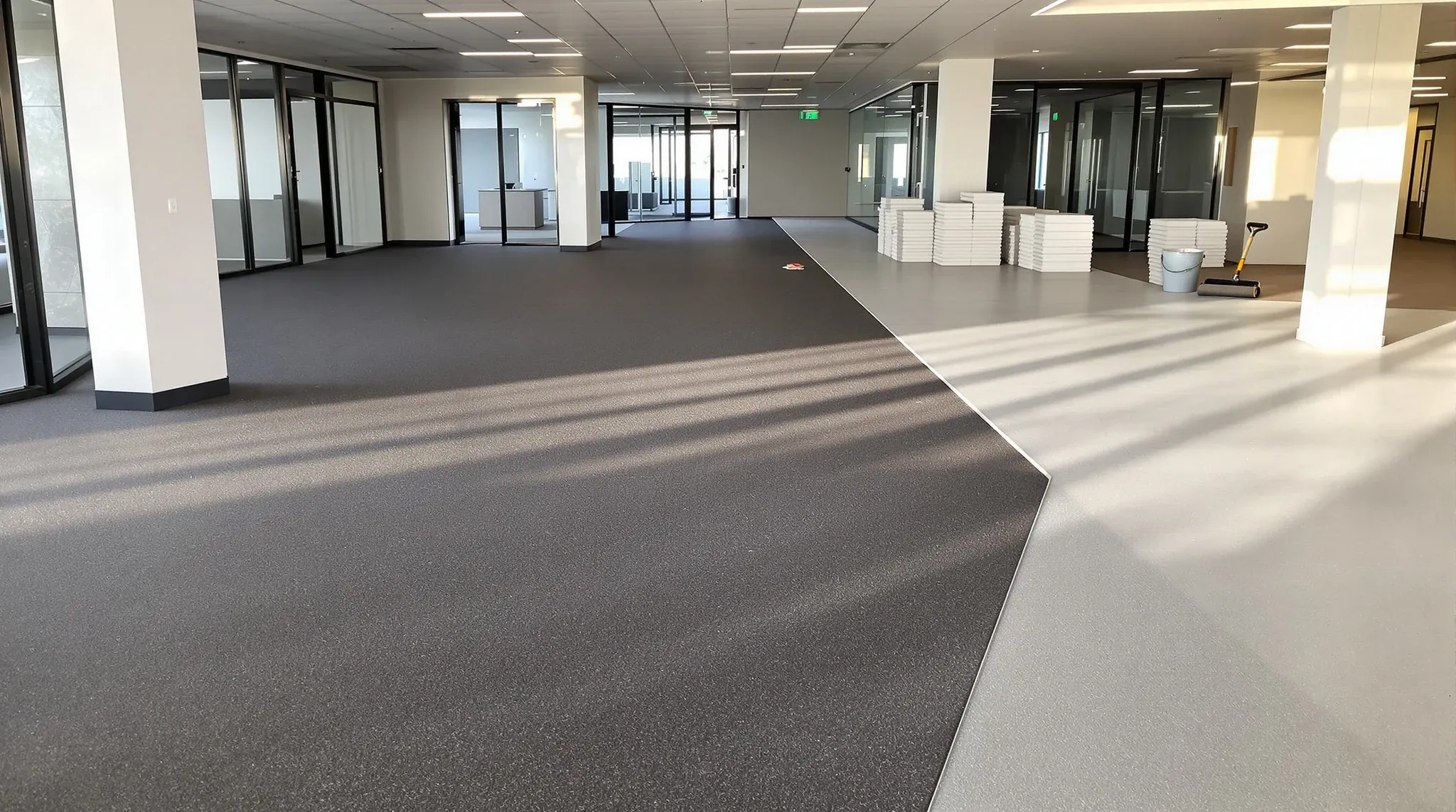 Carpet tiles part way through being laid across a nearly finished office floor