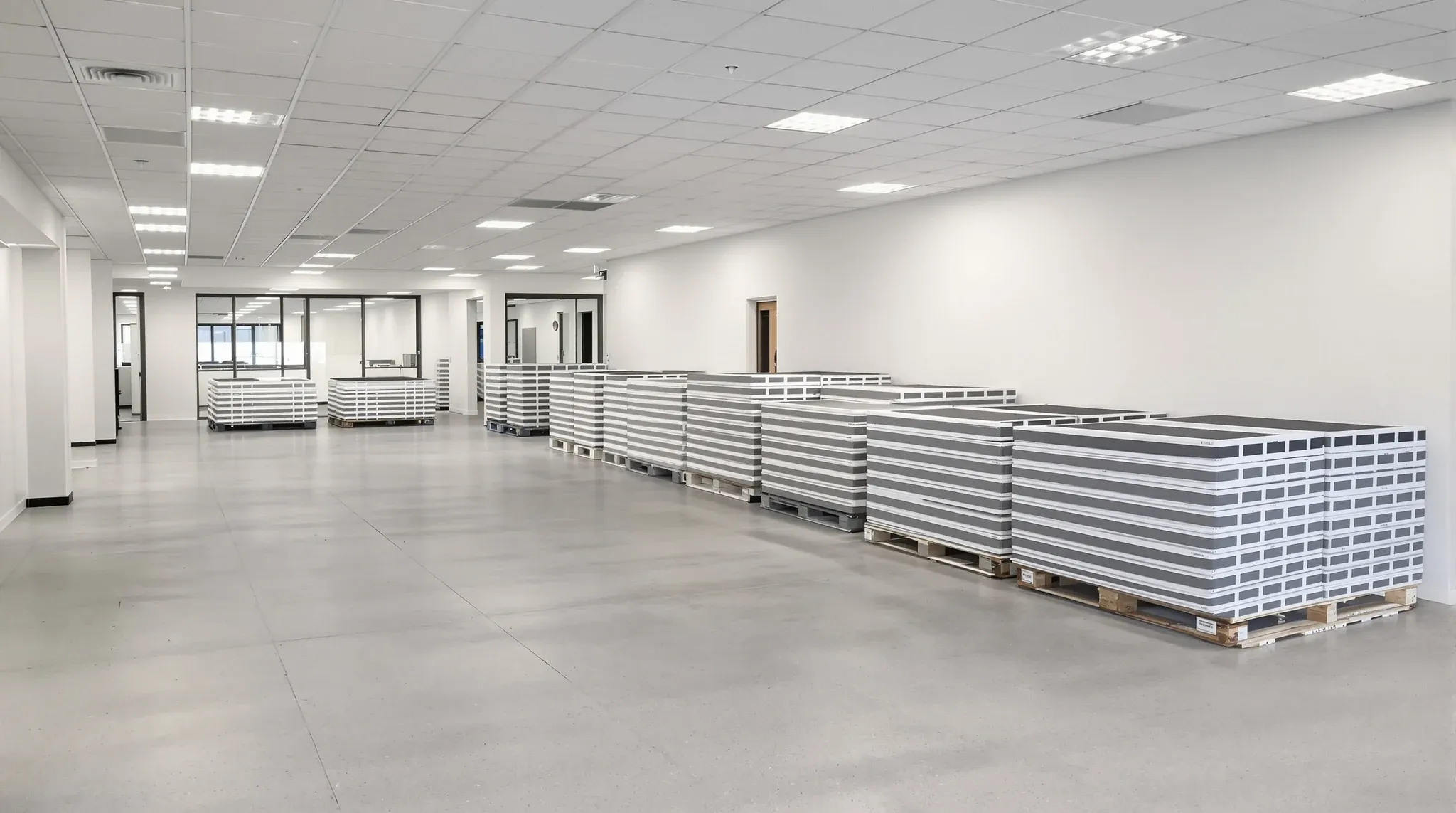 Lifted raised floor panels stacked on pallets beside a bare, clean concrete slab in an office