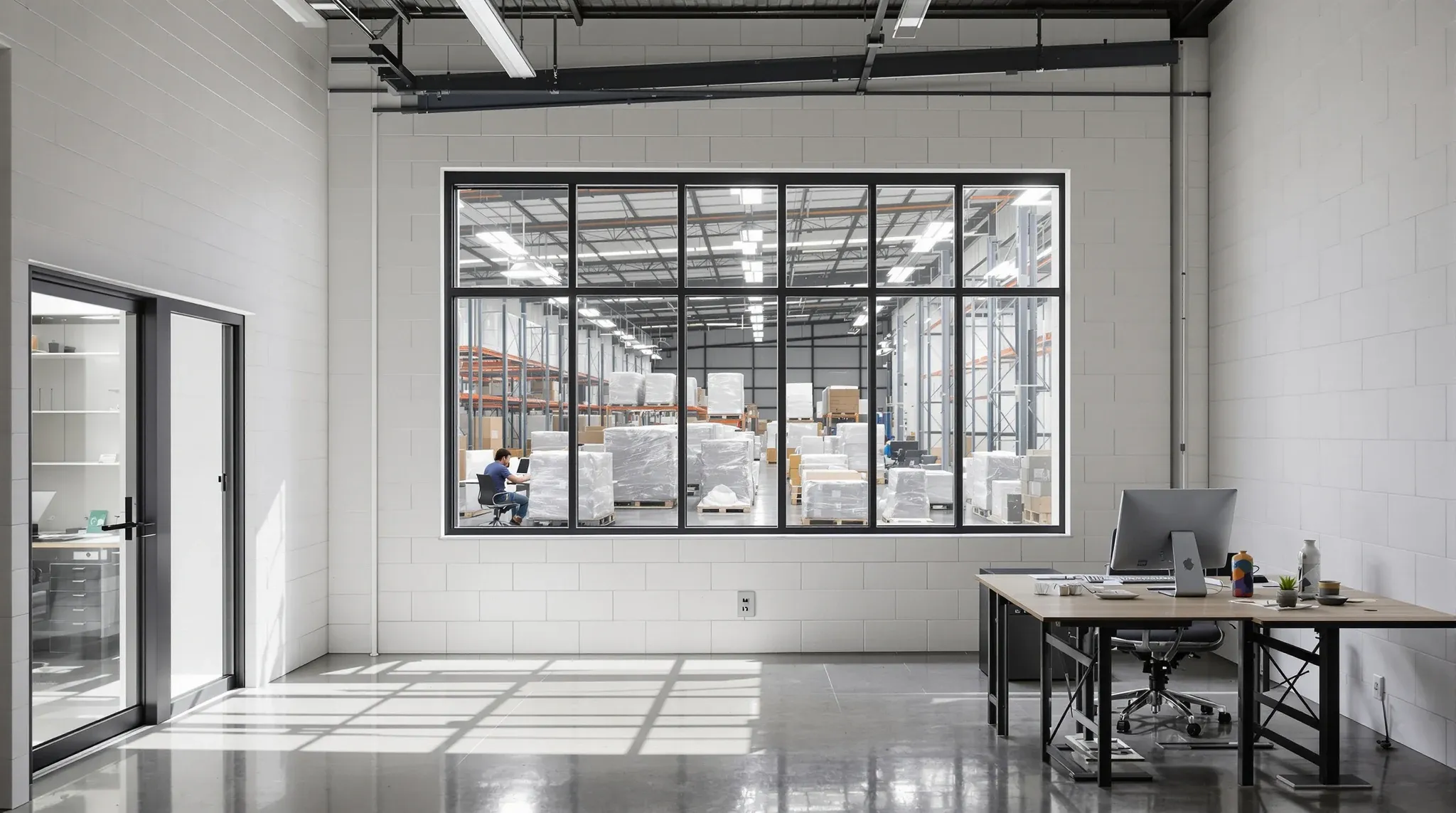 A fitted-out front office in a light industrial unit with an internal window through to the warehouse