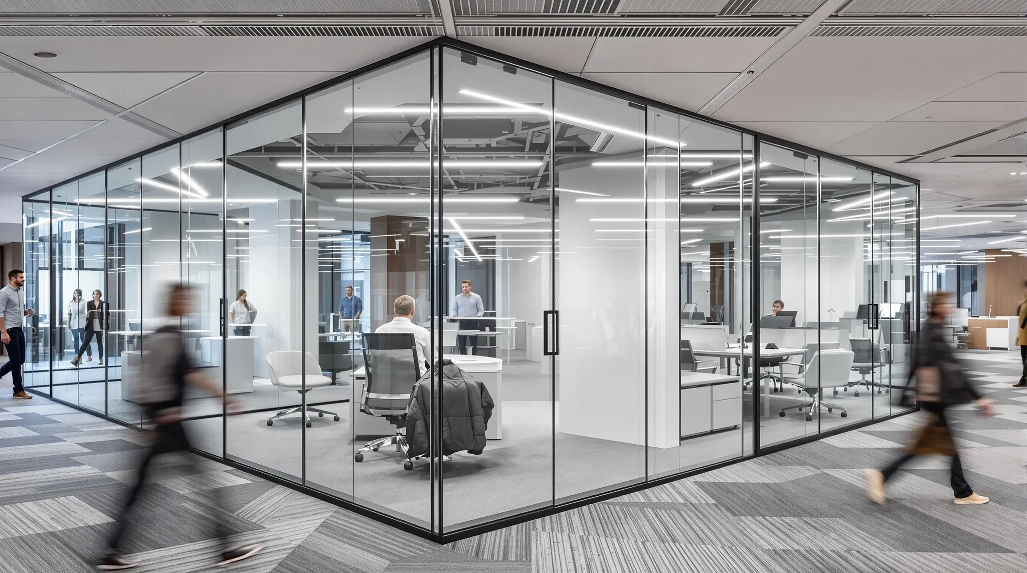 A person working inside a fully clear glass office while colleagues walk past on both sides