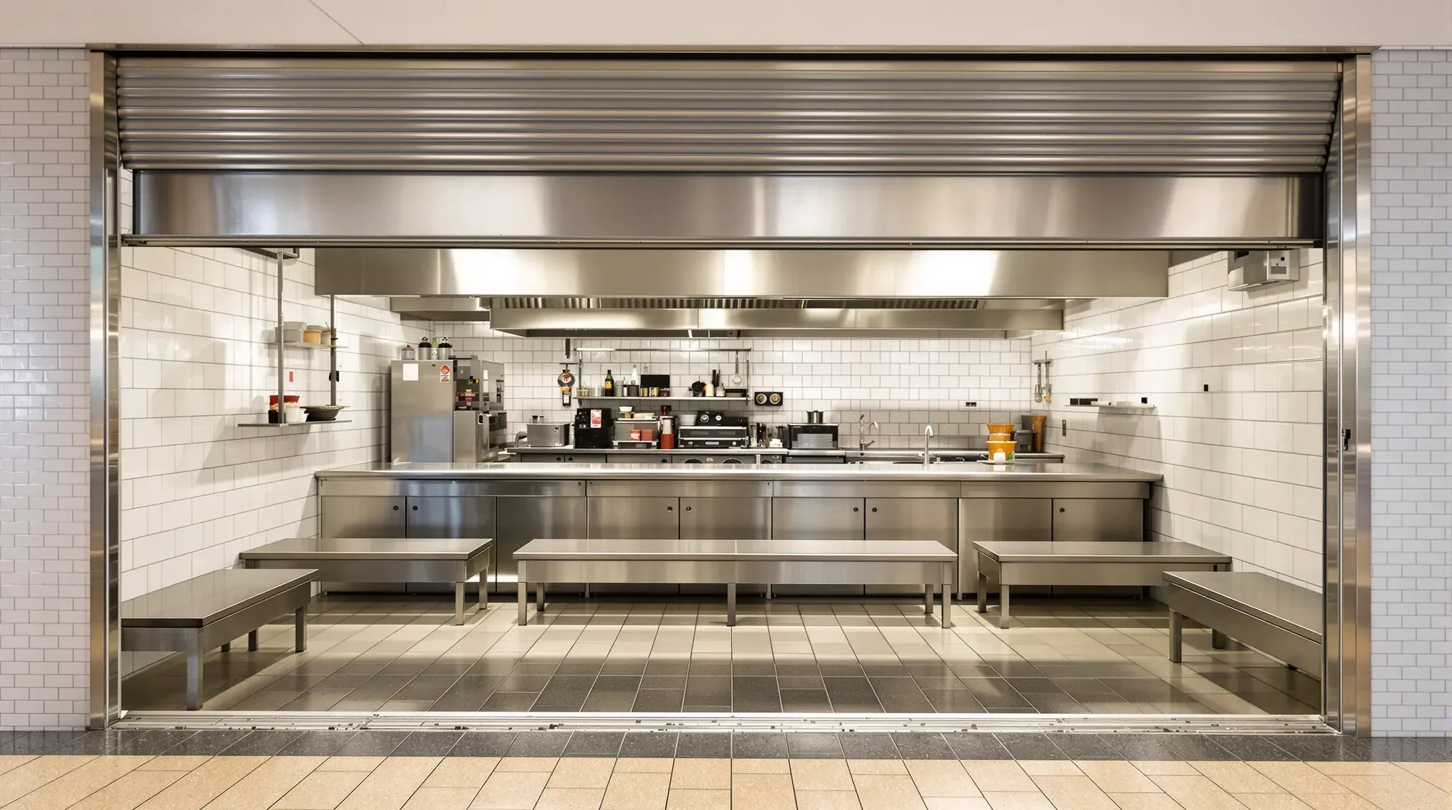 Food court tenancy with the roller shutter raised above an open servery and a stainless kitchen behind