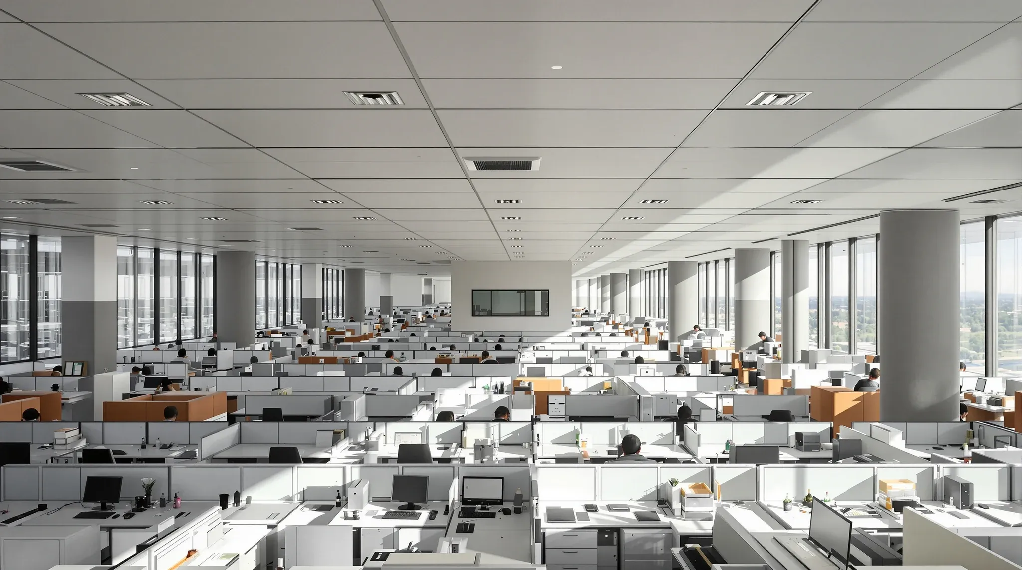 A dense tower office floor with rows of workstations running back toward the building core