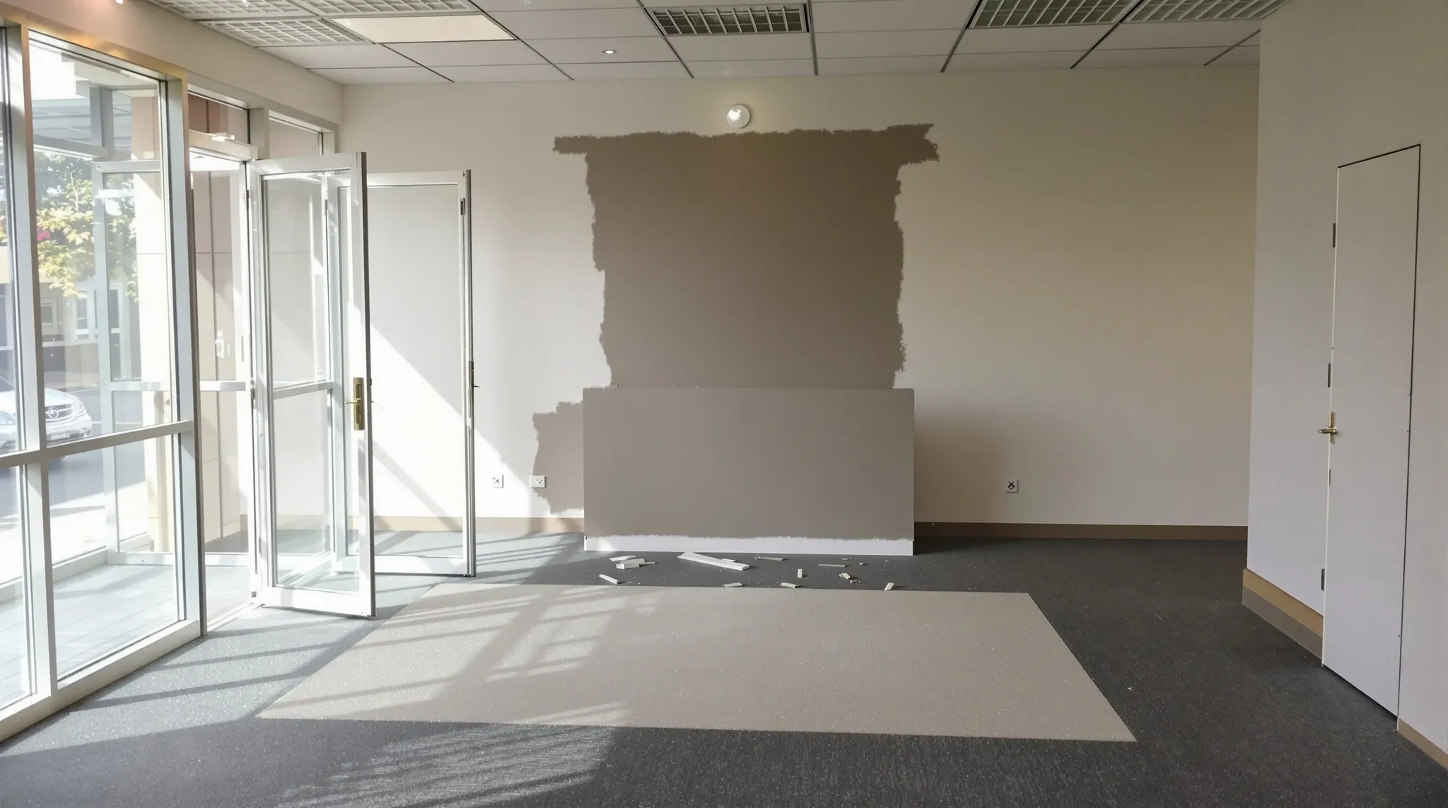 An empty reception with an unfaded patch of carpet where the counter stood and a patched wall