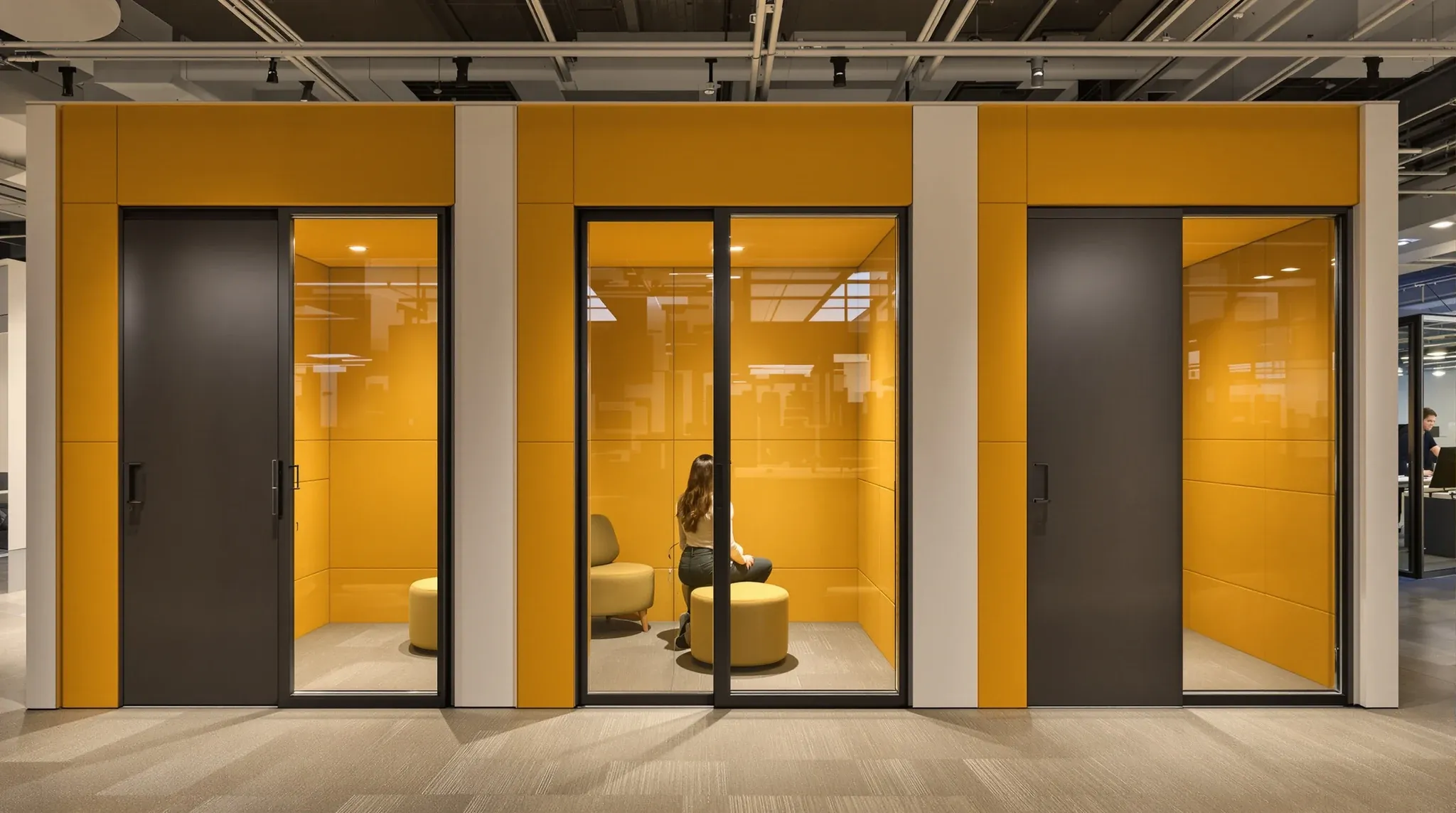 A person on a call inside a small felt-lined phone room, seen through a narrow glass strip beside its door