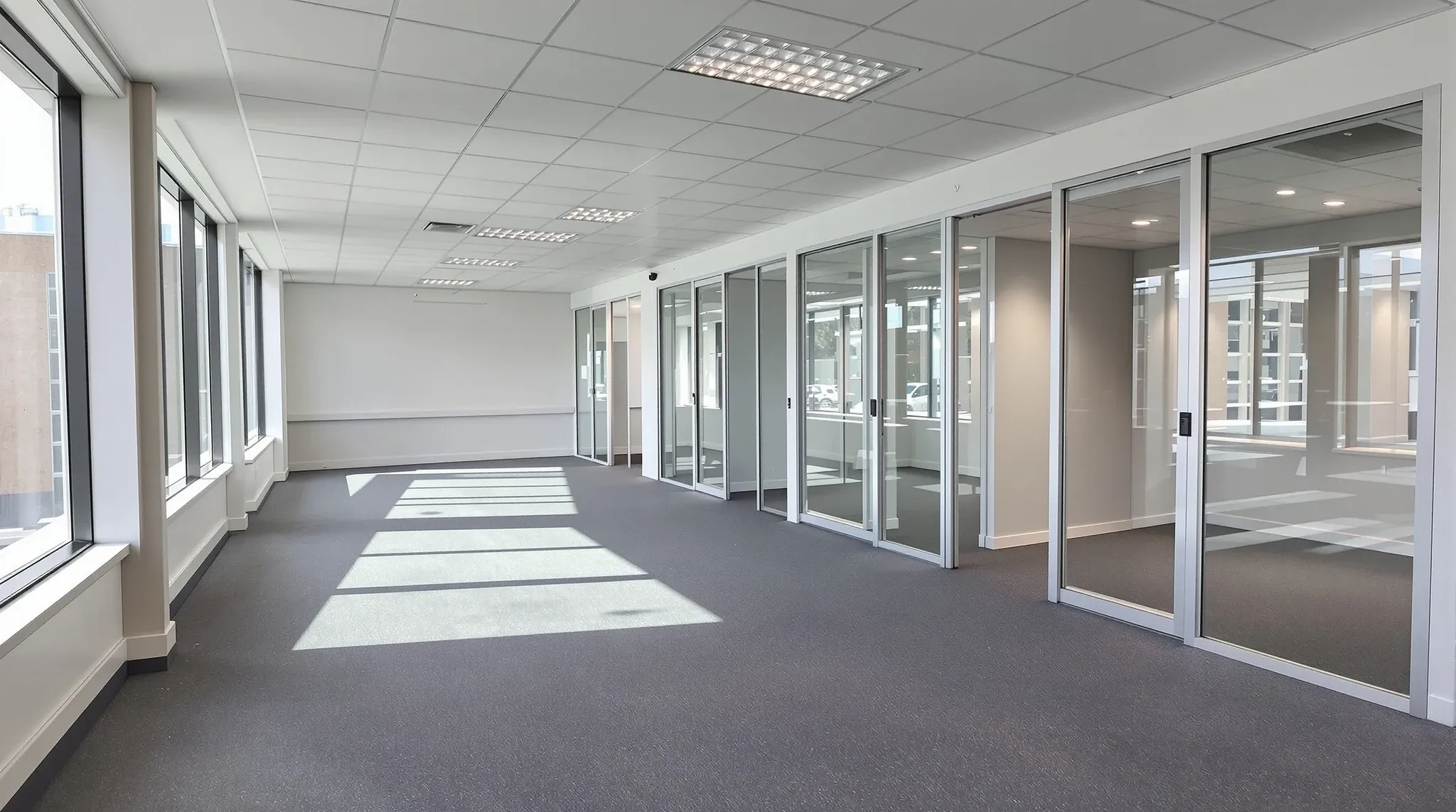 A vacated office floor with clean carpet and a row of empty glass-fronted offices at lease end