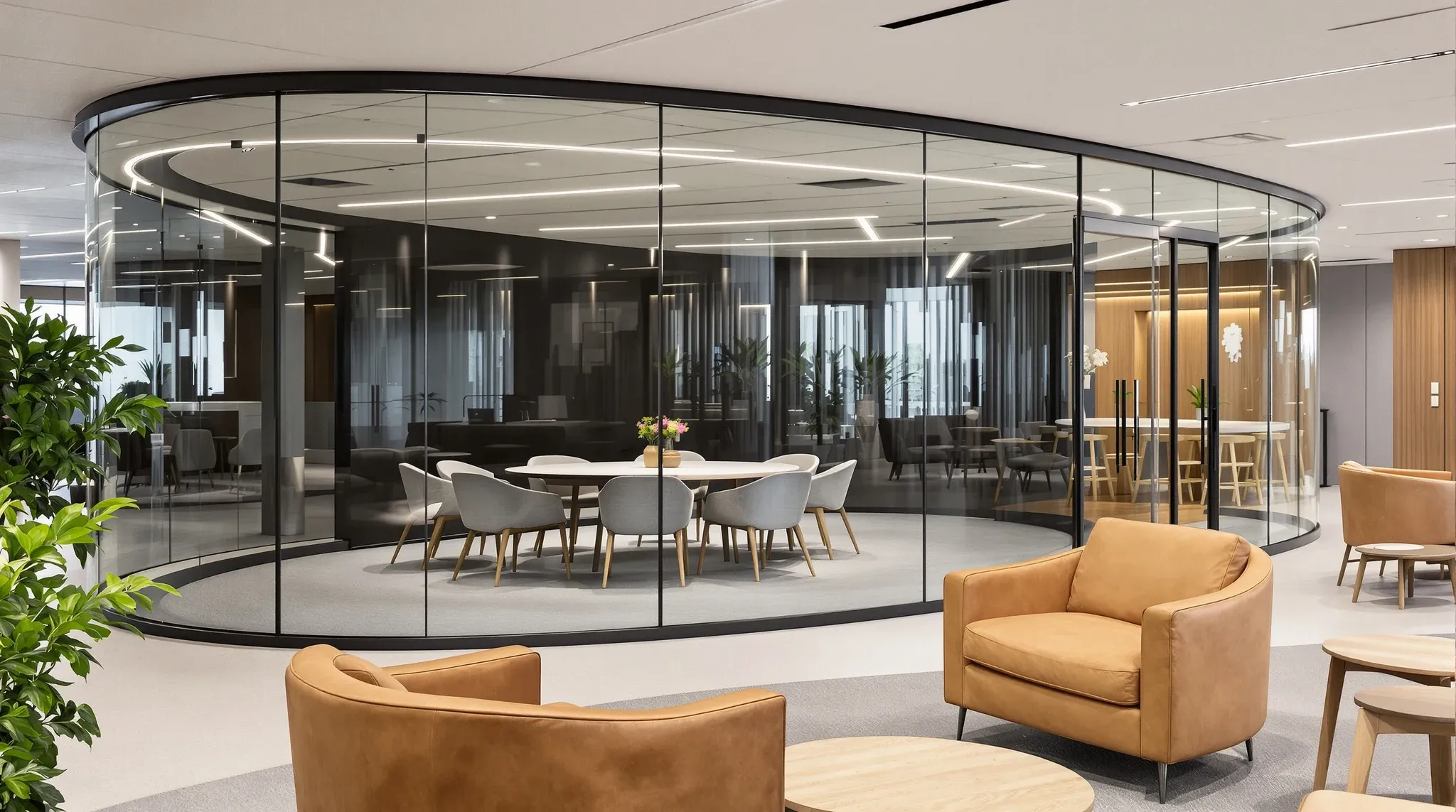 An internal meeting room with a smoothly curved glass corner beside a lounge on an office floor