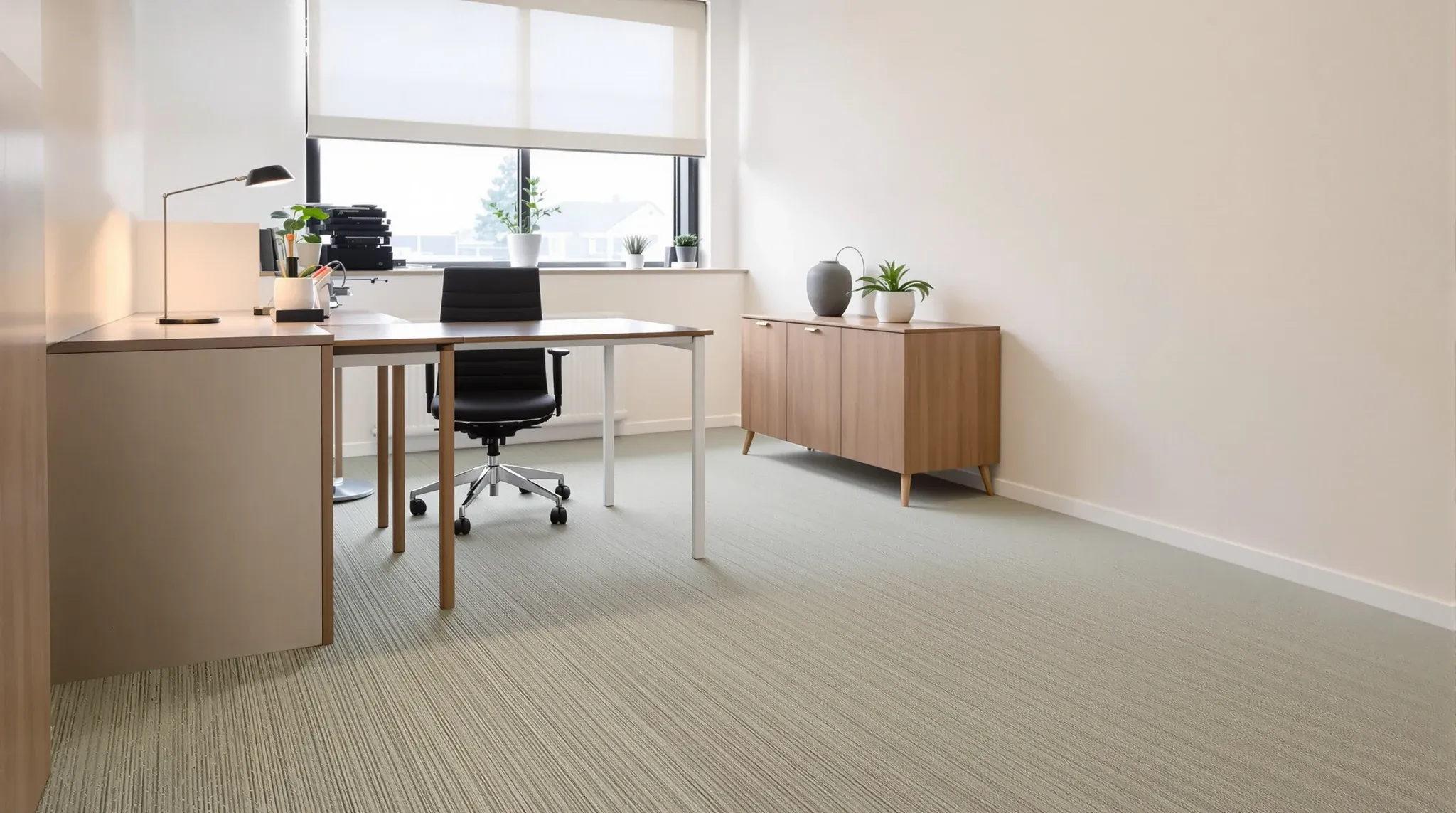 A quiet private office with seamless grey-green broadloom carpet, a simple timber desk and a lamp