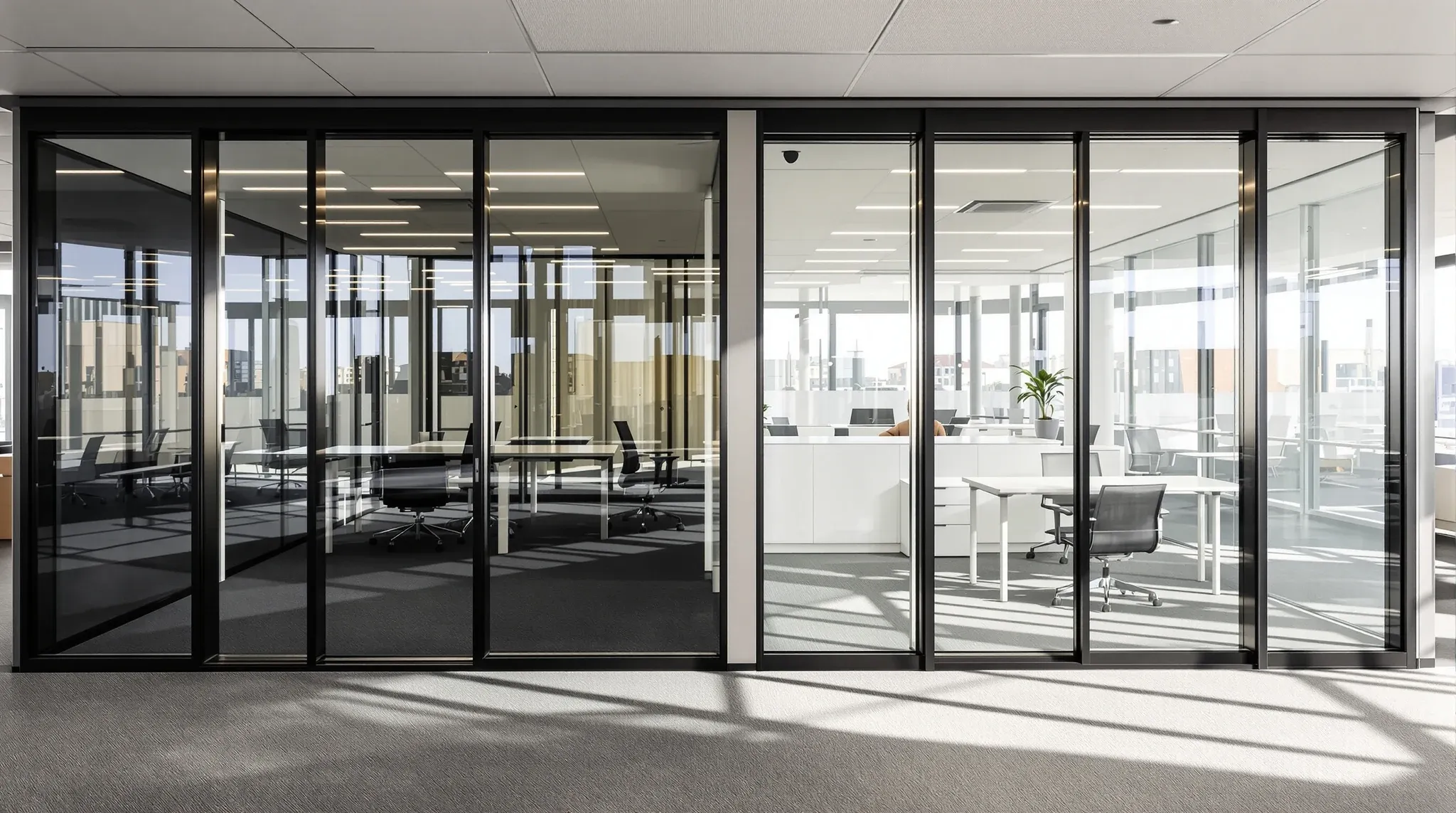 A grey-tinted glass office front on the sunny side of a floor beside a neighbouring office with clear glass