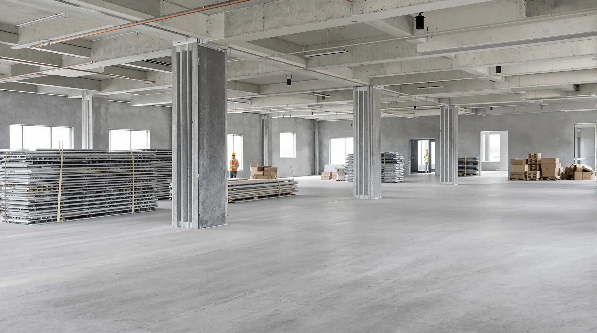 Materials stacked in sequence on a bare commercial floor early in a fit-out build