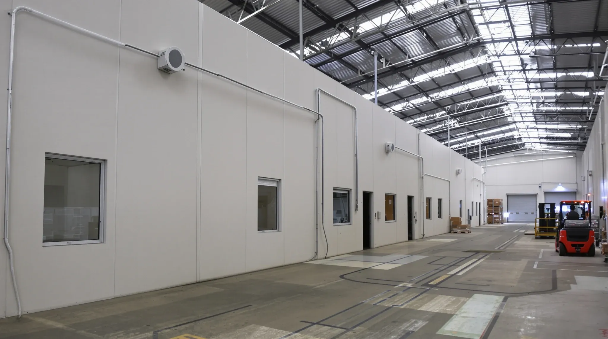 Single-storey office partitions built along the side of a working warehouse, open to the roof above