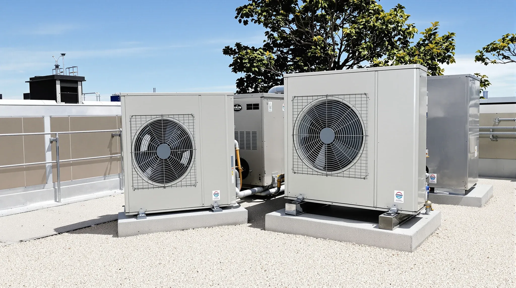 Two new grey air conditioning units on a steel frame on the gravel roof of an office building