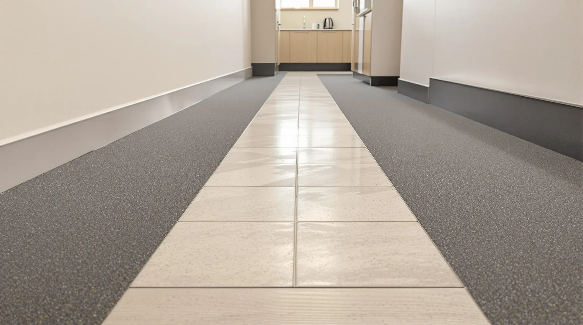 A worn carpet traffic path leading to a staff kitchenette in an aged office