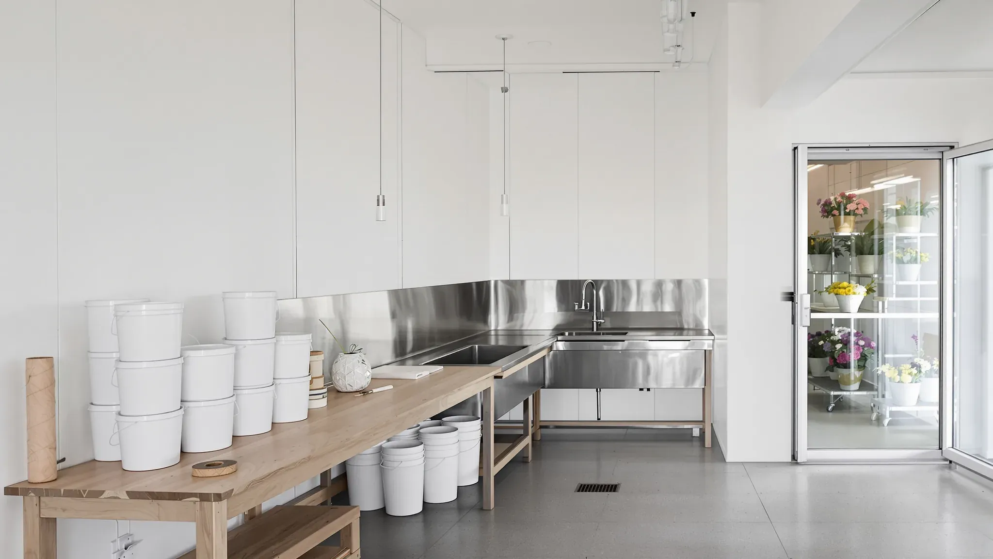 Florist workroom with a timber bench, stacked white buckets, a stainless sink and a glass cool room door full of flowers