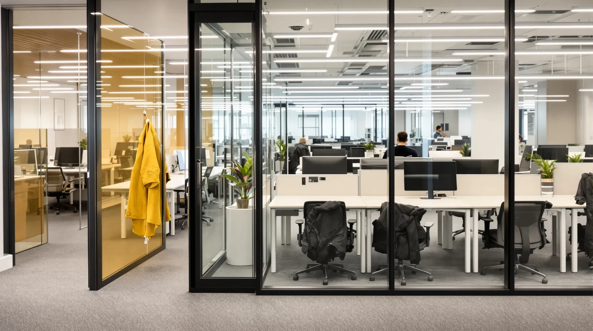 A person from behind on a call inside a glass office, with open desks right outside the glass