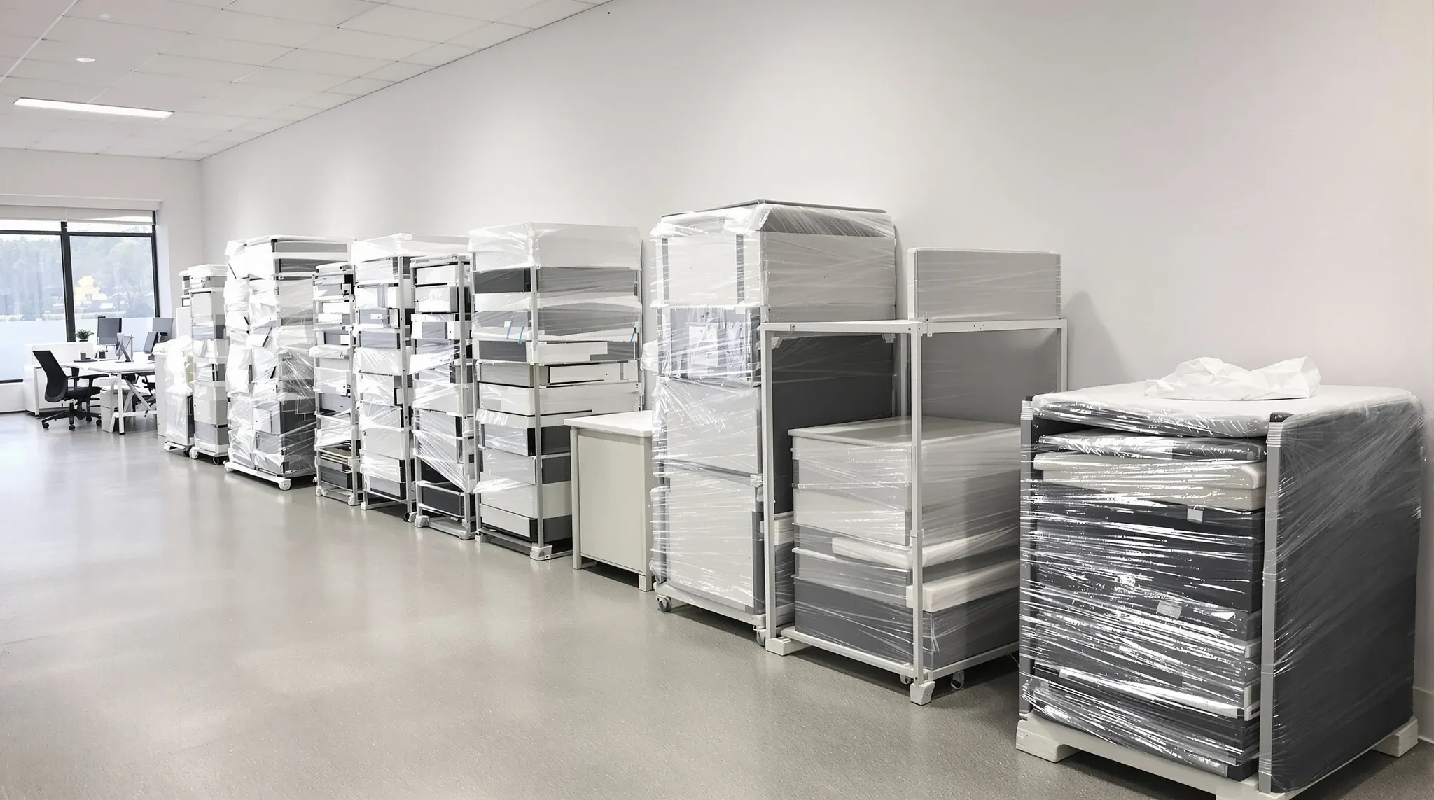 Office chairs and desks wrapped in clear film and lined up for reuse on a stripped floor