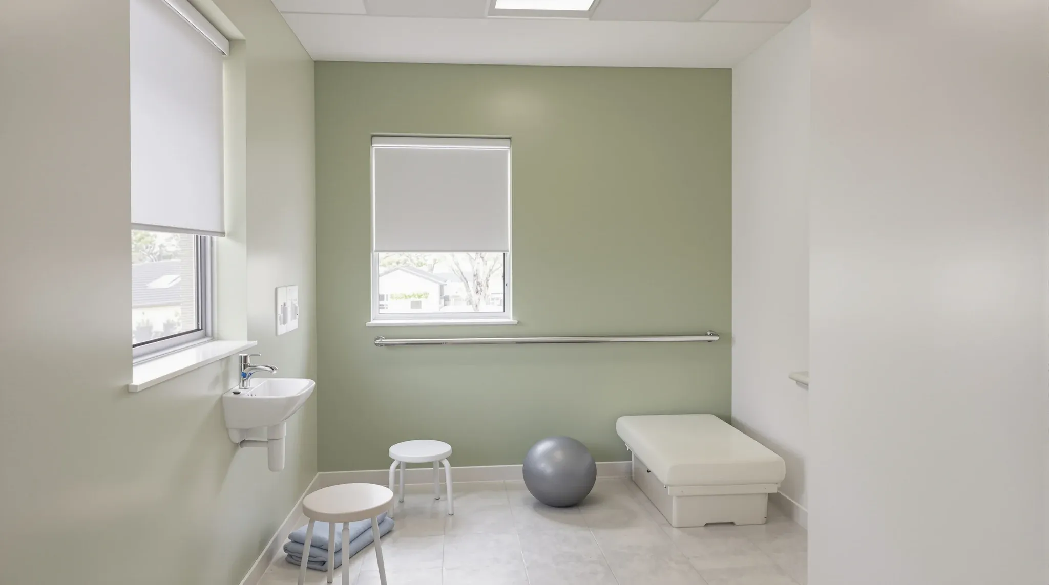 A physiotherapy consult room with a treatment bed, hand basin, grab rail and green painted walls