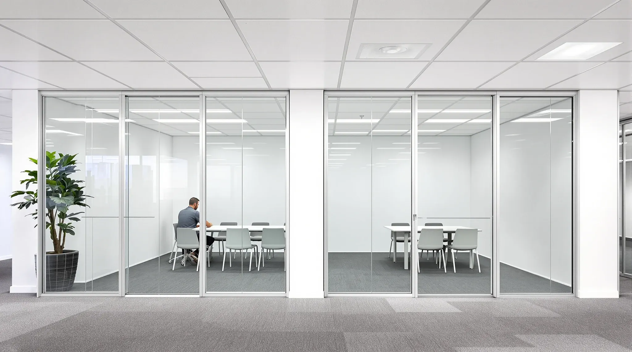 A long straight run of glass meeting room fronts meeting a white tile ceiling along one grid line