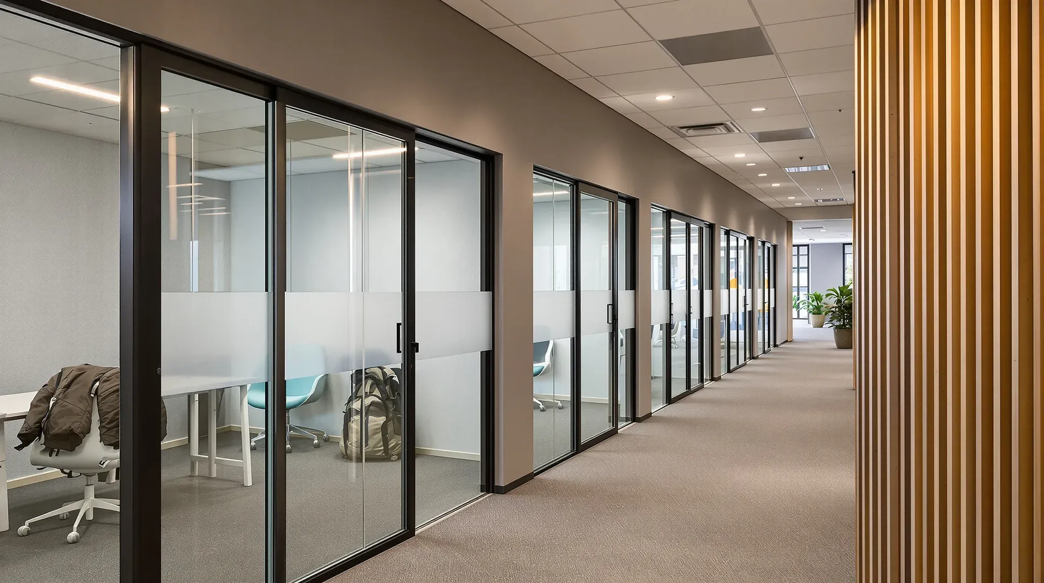 Corridor on a coworking floor lined with glass-fronted private office suites with frosted bands and glass doors