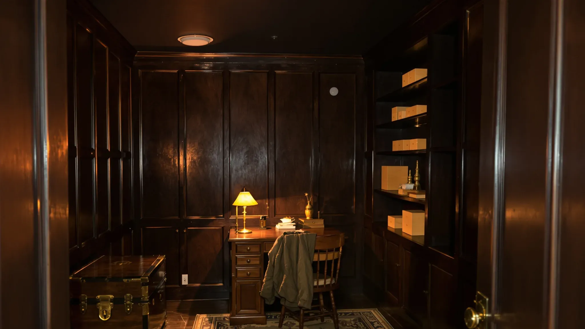 Escape room themed as a timber-panelled study, with a desk lamp, a wooden chest and shelves of plain boxes