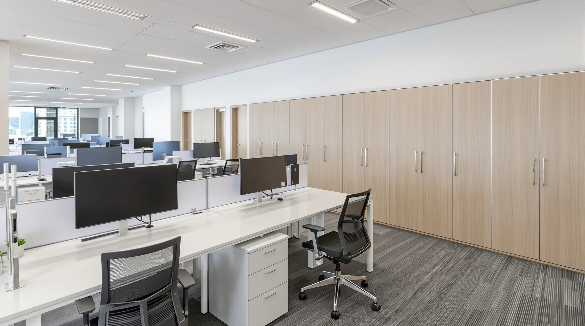 Shared bench desks and plain timber lockers on an office floor set up for hot desking