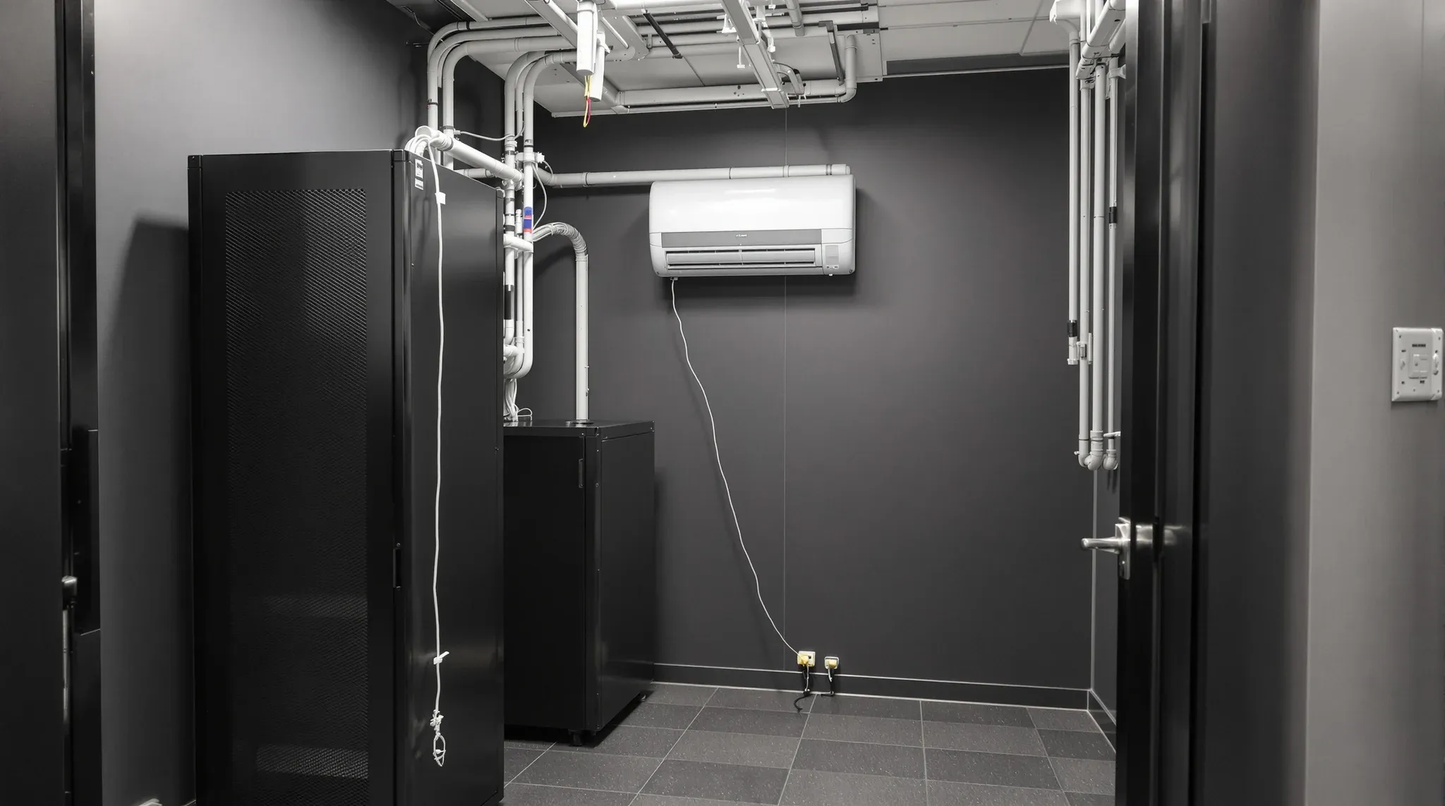 Small office comms room with a floor-standing rack, tidy cable management and a wall-mounted cooling unit