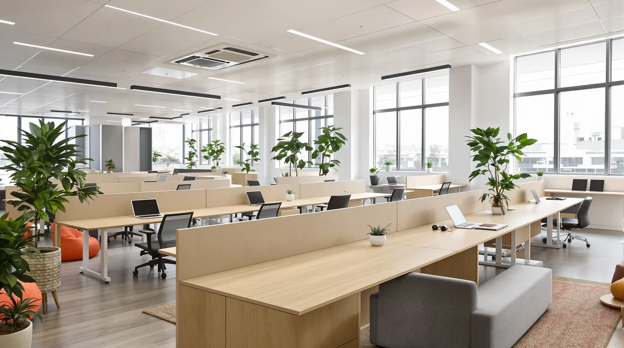 A startup office with long bench desks, spare seats for new starters and a lounge corner with a sofa