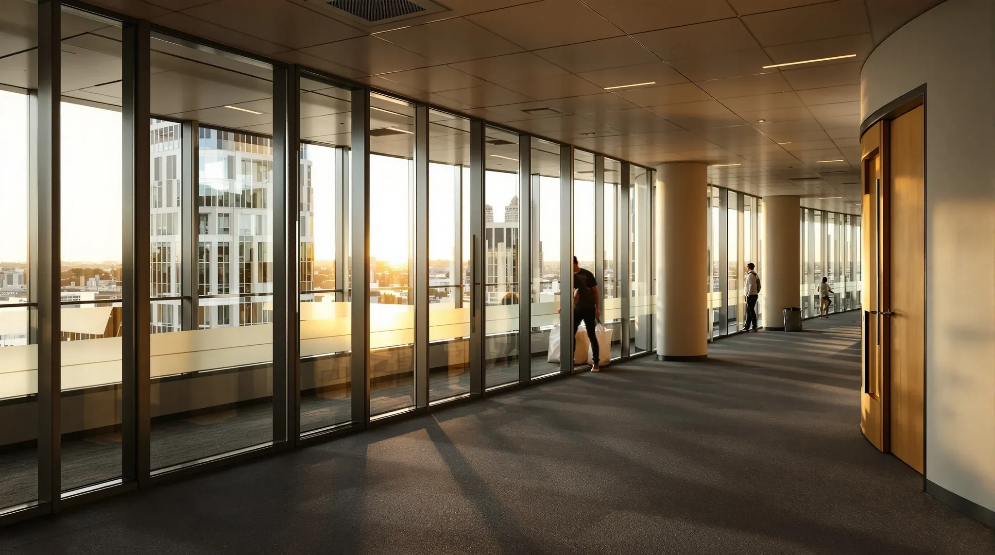 A working CBD office floor at golden hour mixing glass meeting rooms and solid-walled offices