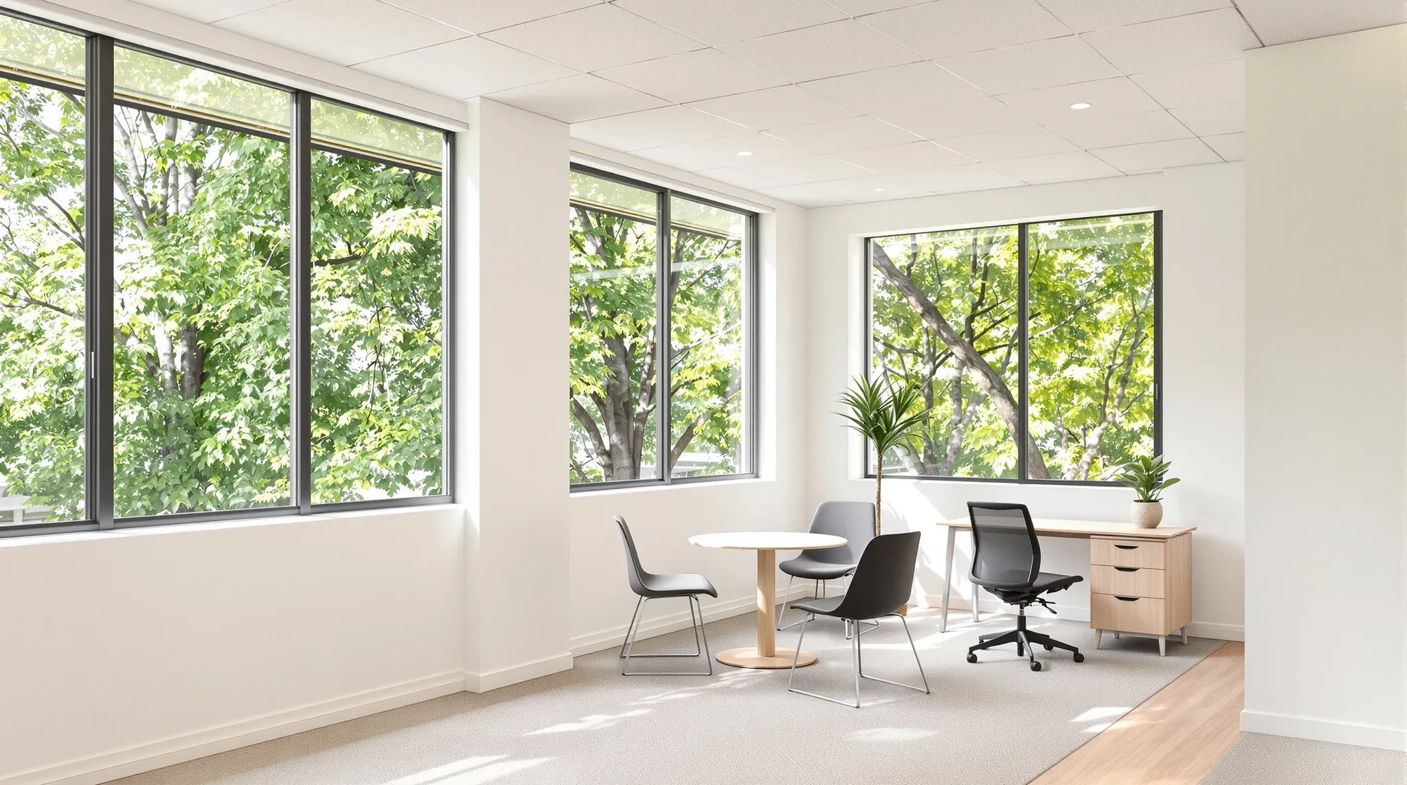 A first-floor office in a low-rise building with large windows filled with tree canopy