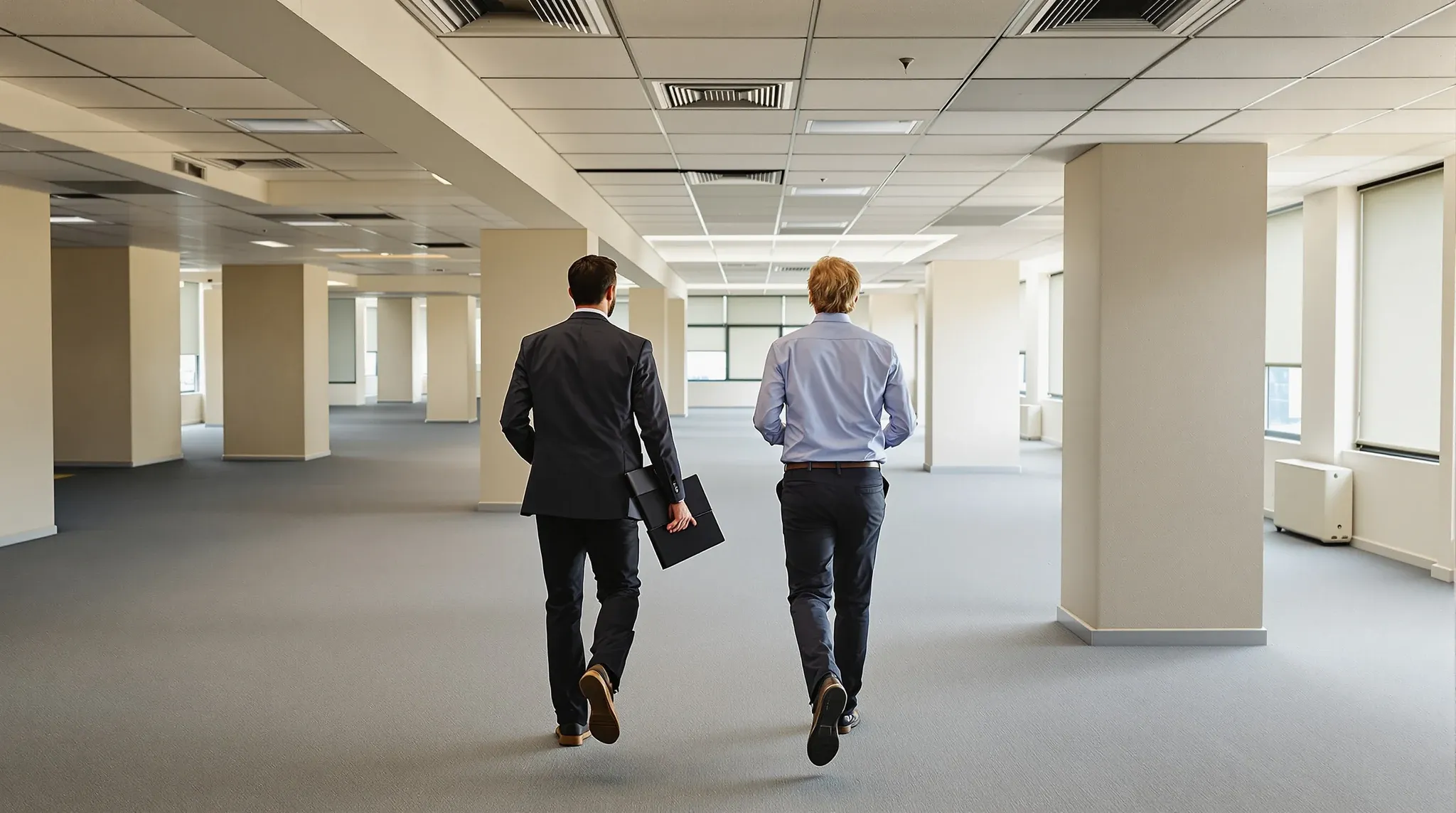 Two people seen from behind walking through an empty office tenancy and looking up at the ceiling