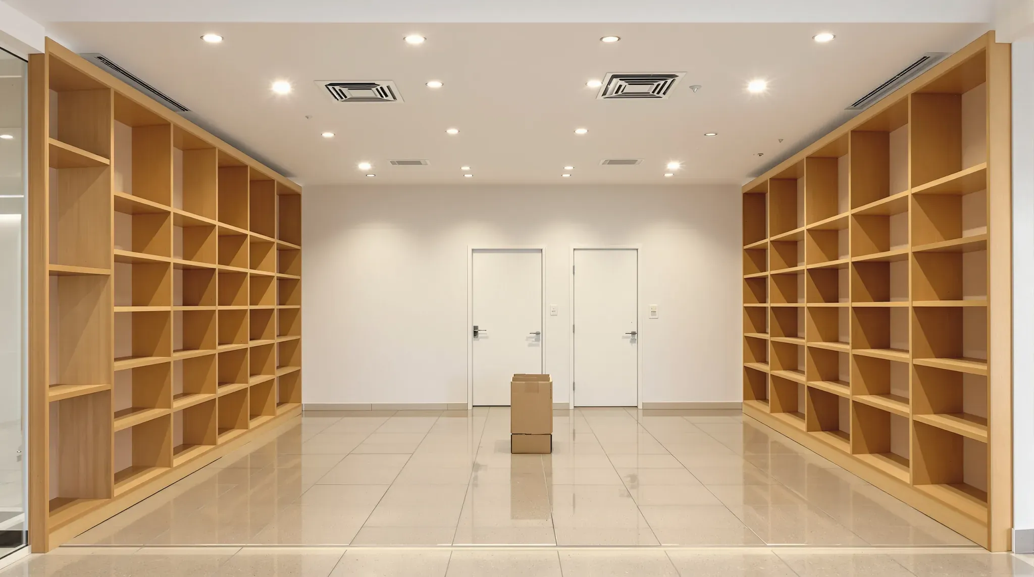 Empty specialty shop with a white plasterboard ceiling, downlights, timber shelving on both walls and doors at the back
