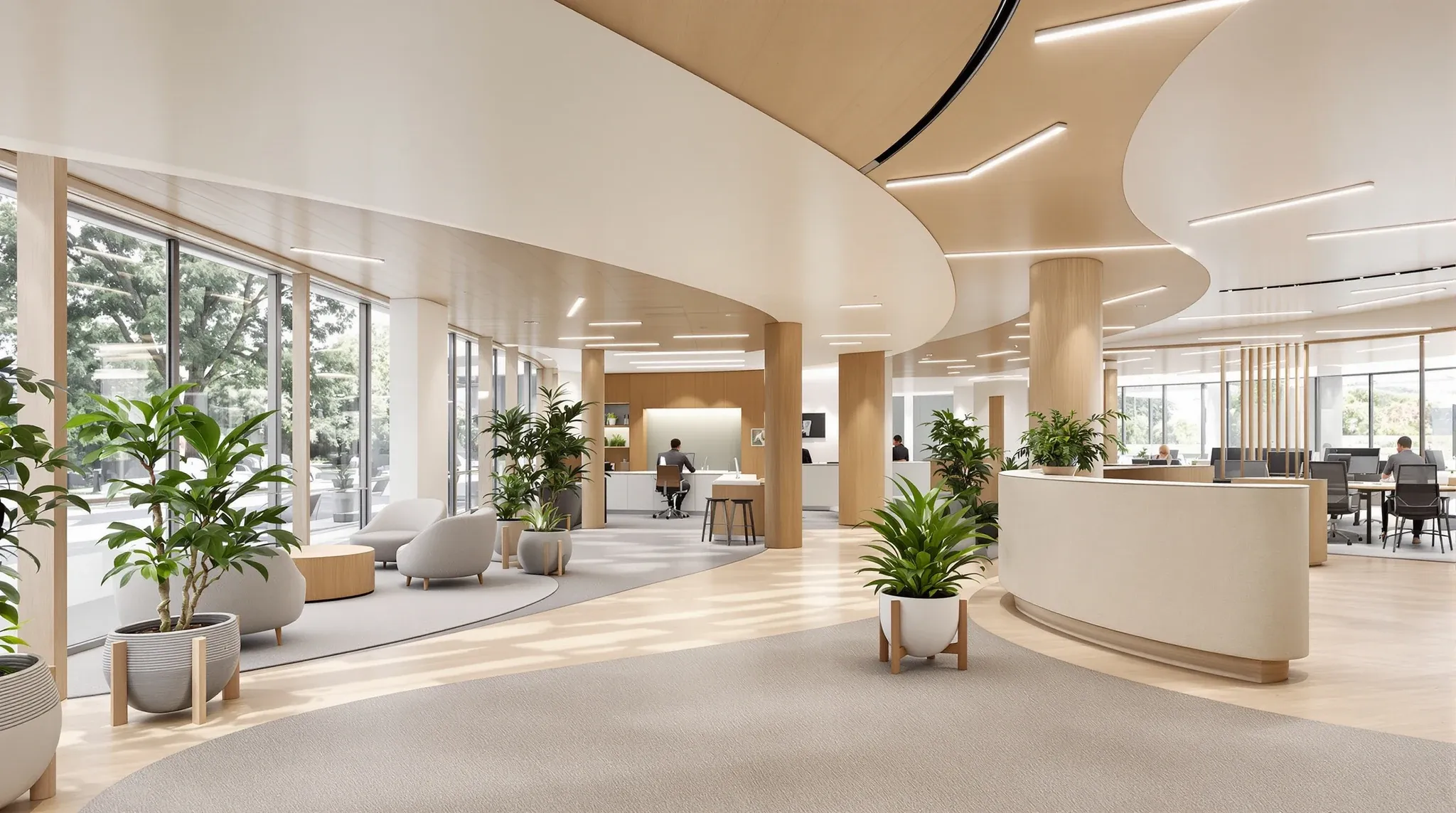 A warm, welcoming not-for-profit office reception with seating for visitors
