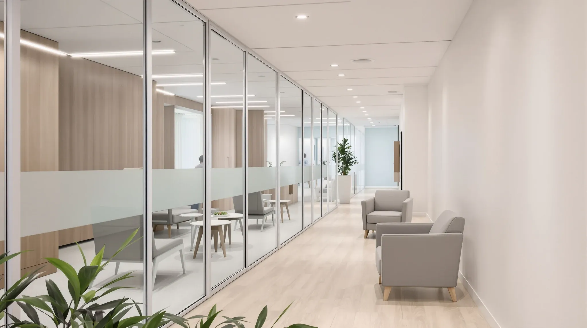 A clinic waiting area with a clear glass wall to the corridor and a solid wall to consulting rooms beyond