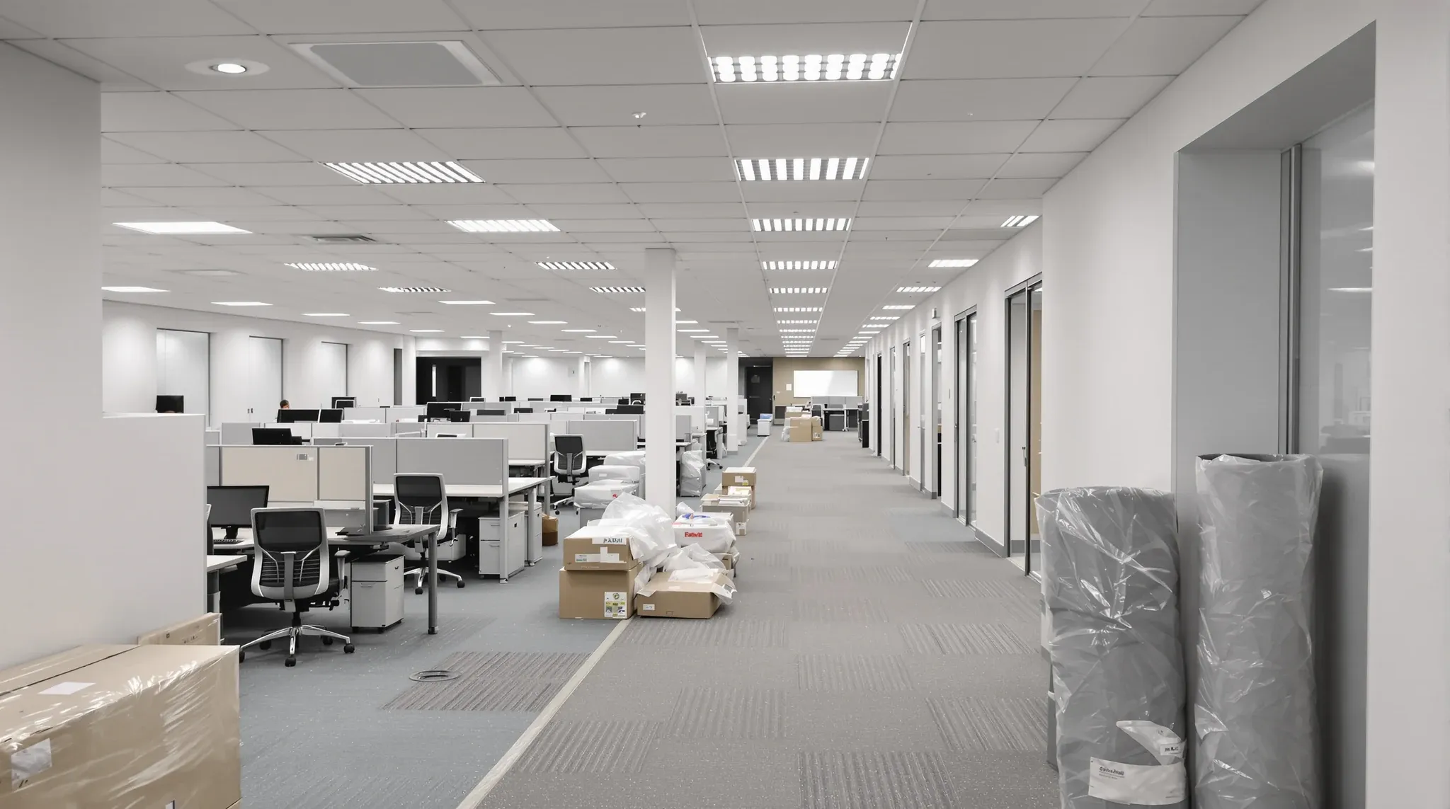 A newly fitted office floor with chairs still wrapped in plastic before move-in