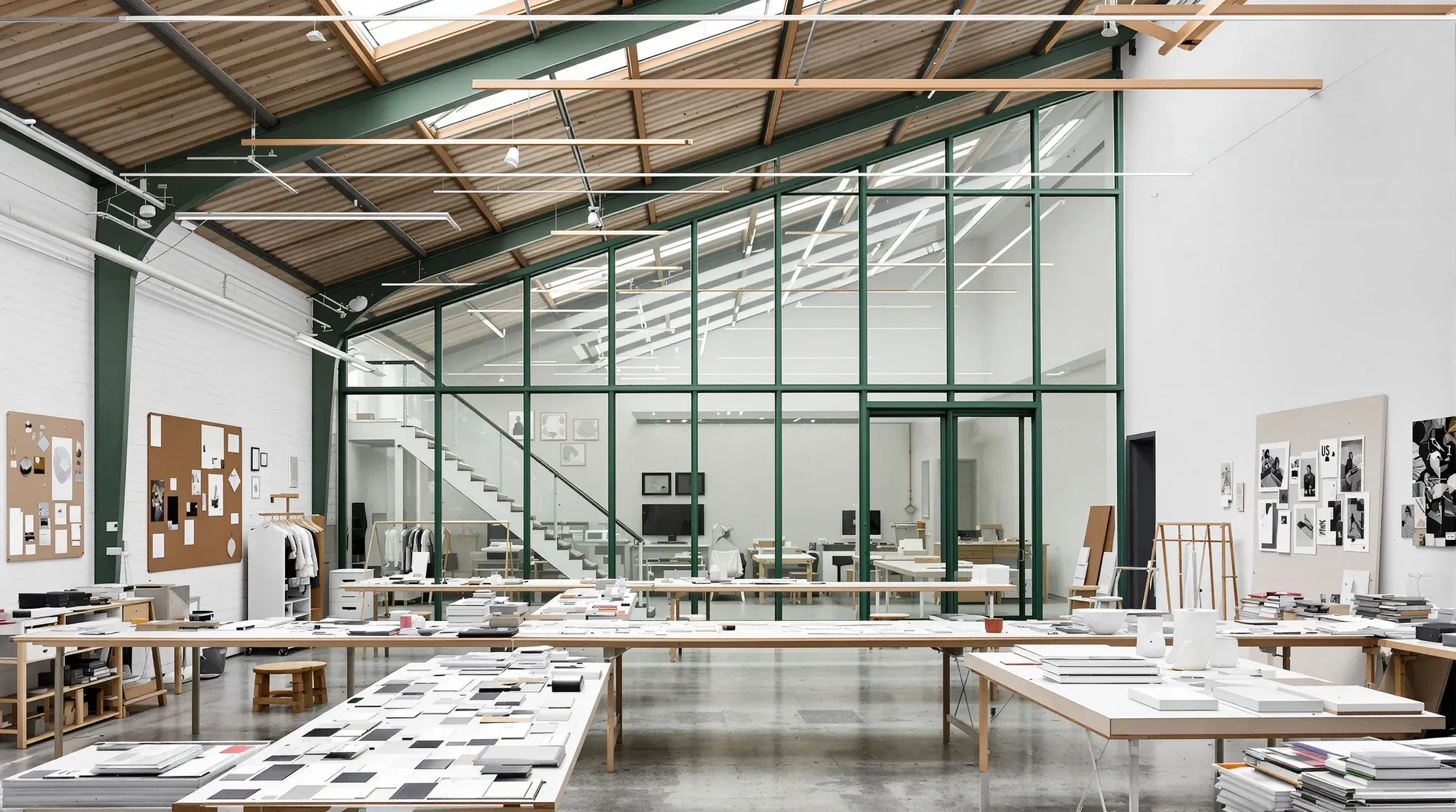 A green steel-framed glass edit suite inside a sawtooth-roof factory studio