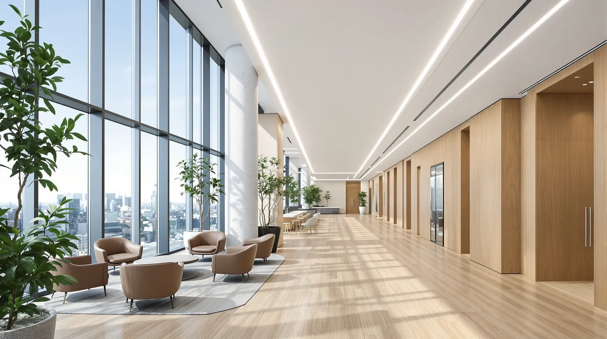 A newly fitted upper floor of a premium office tower with an oak floor, client lounge and oak-panelled rooms