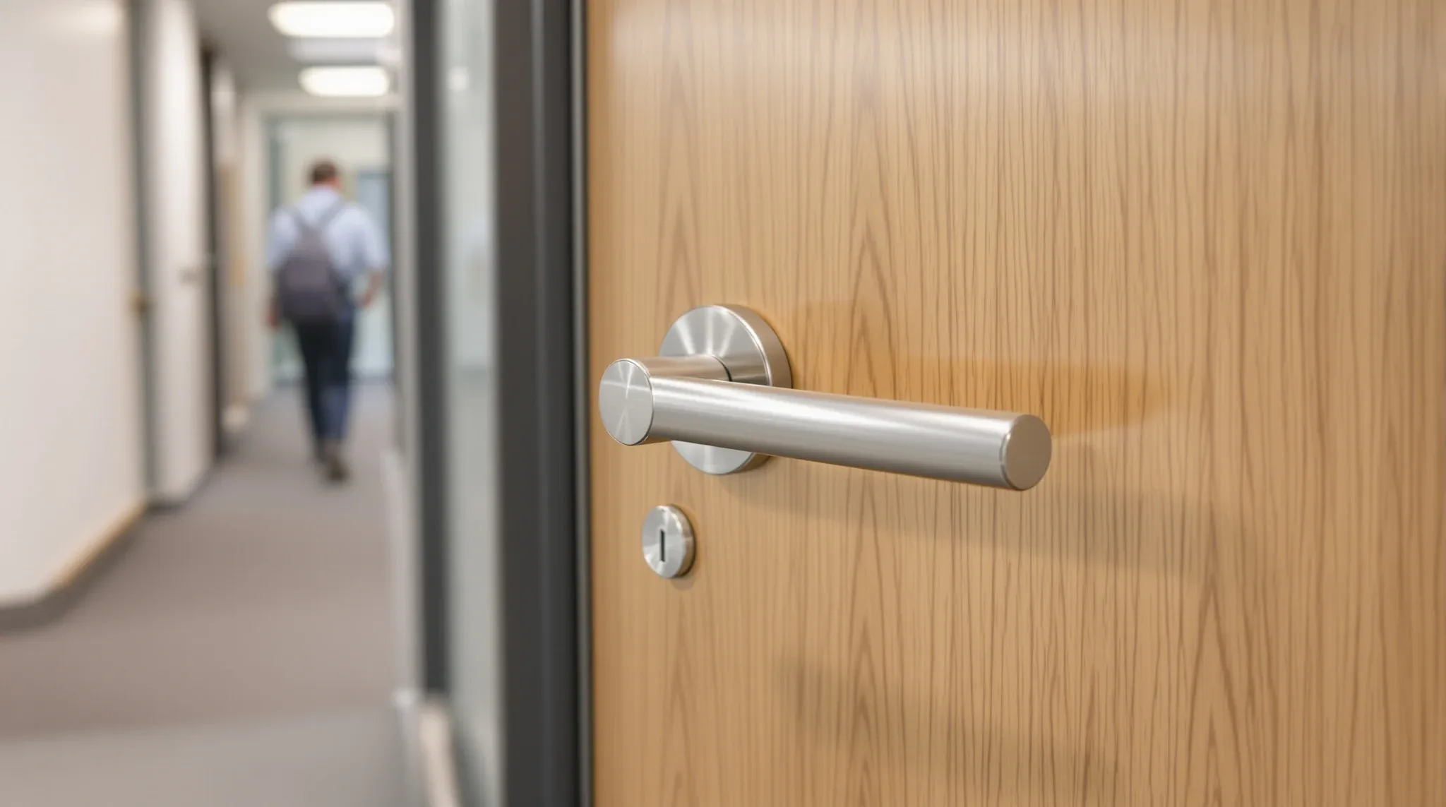 A timber veneer office door with a steel lever handle and overhead closer, showing everyday wear