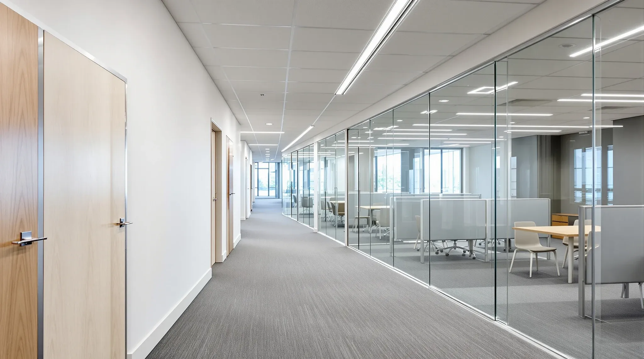 An office corridor with solid plasterboard offices on one side and empty glass meeting rooms on the other