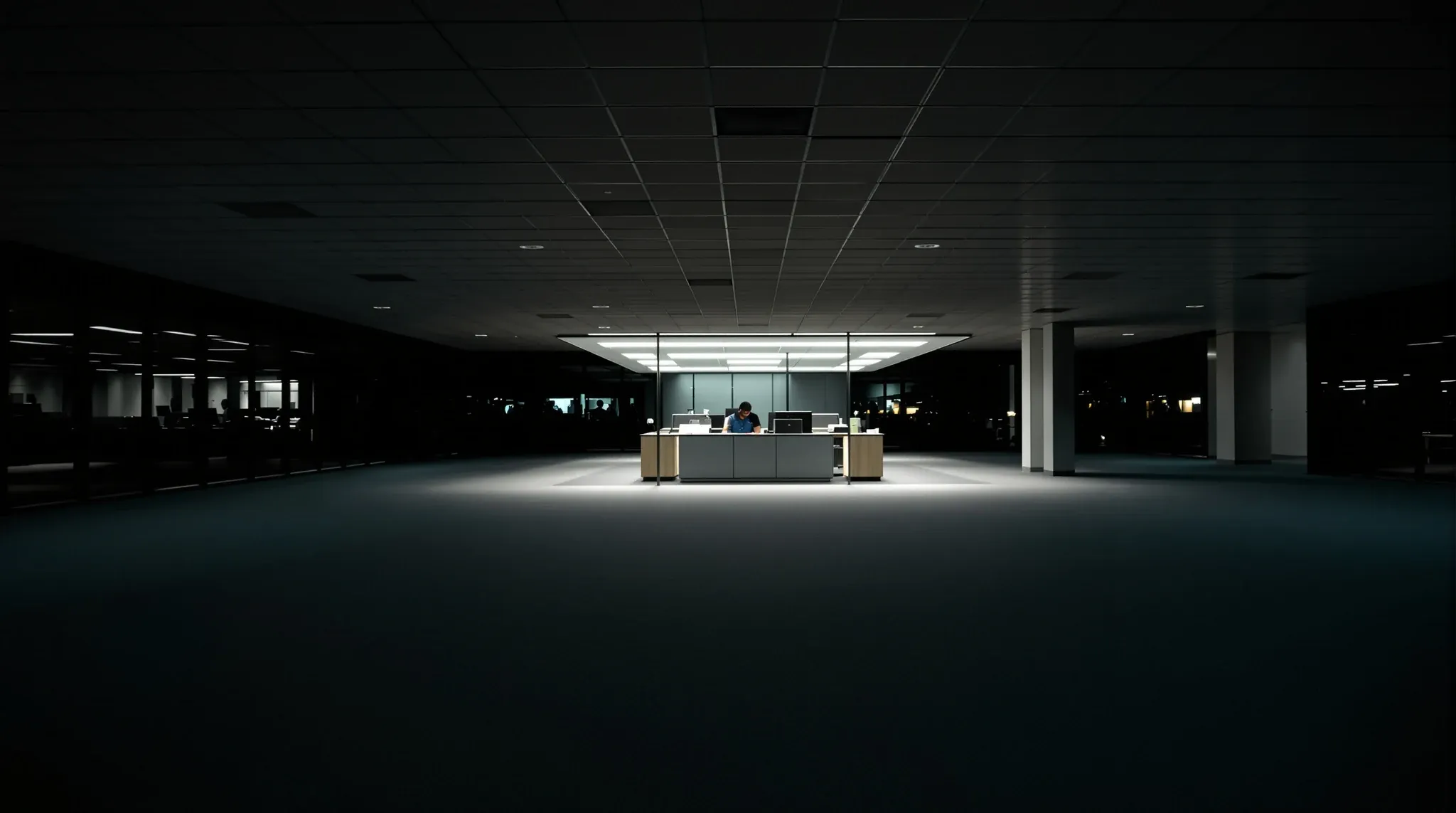 A dark office floor at night with ceiling lights on only above one occupied desk cluster
