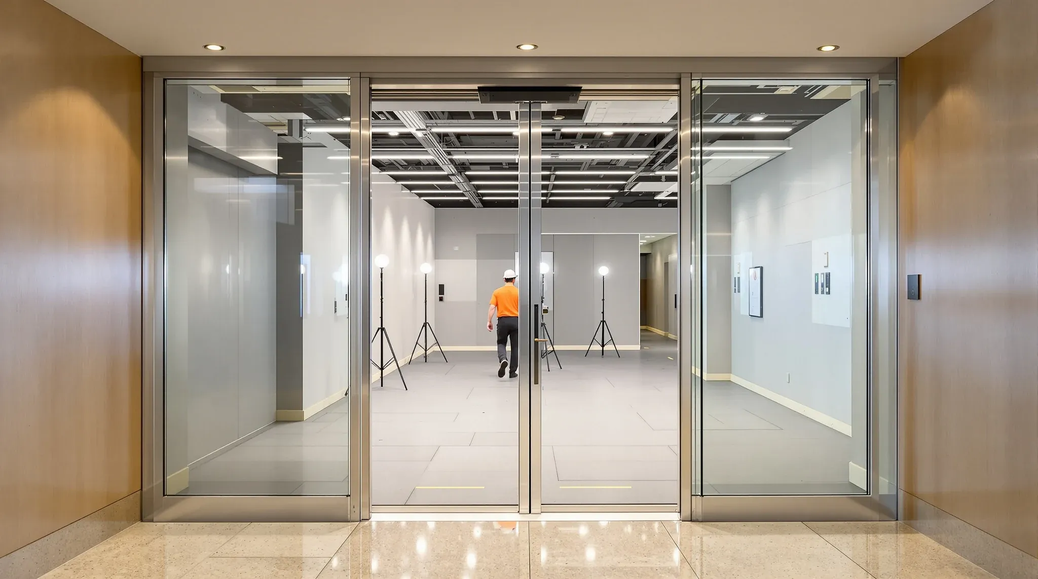A view from a lift lobby through glass doors into an office fitout under construction