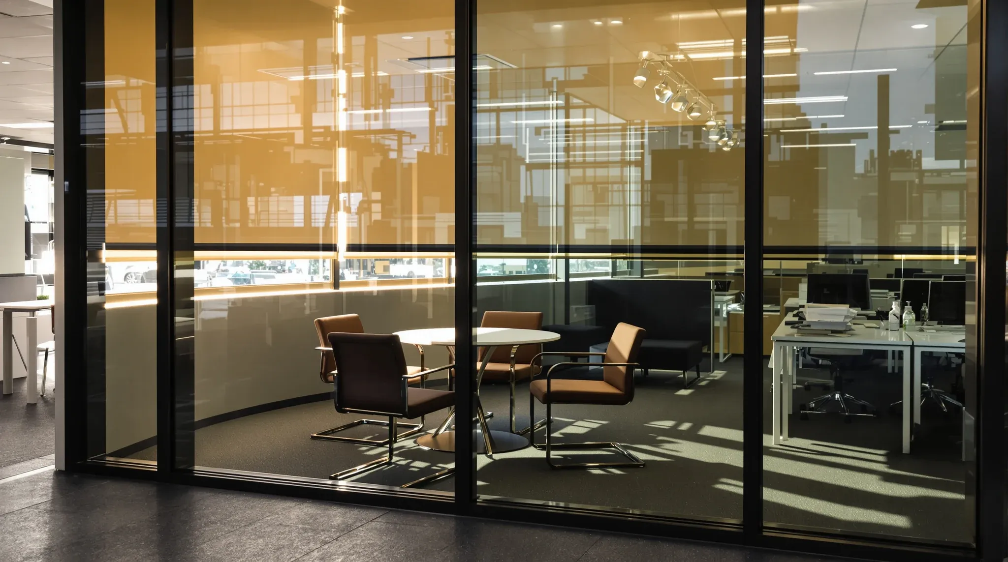 Low afternoon sun streaming under a lowered blind across an empty small glass meeting room