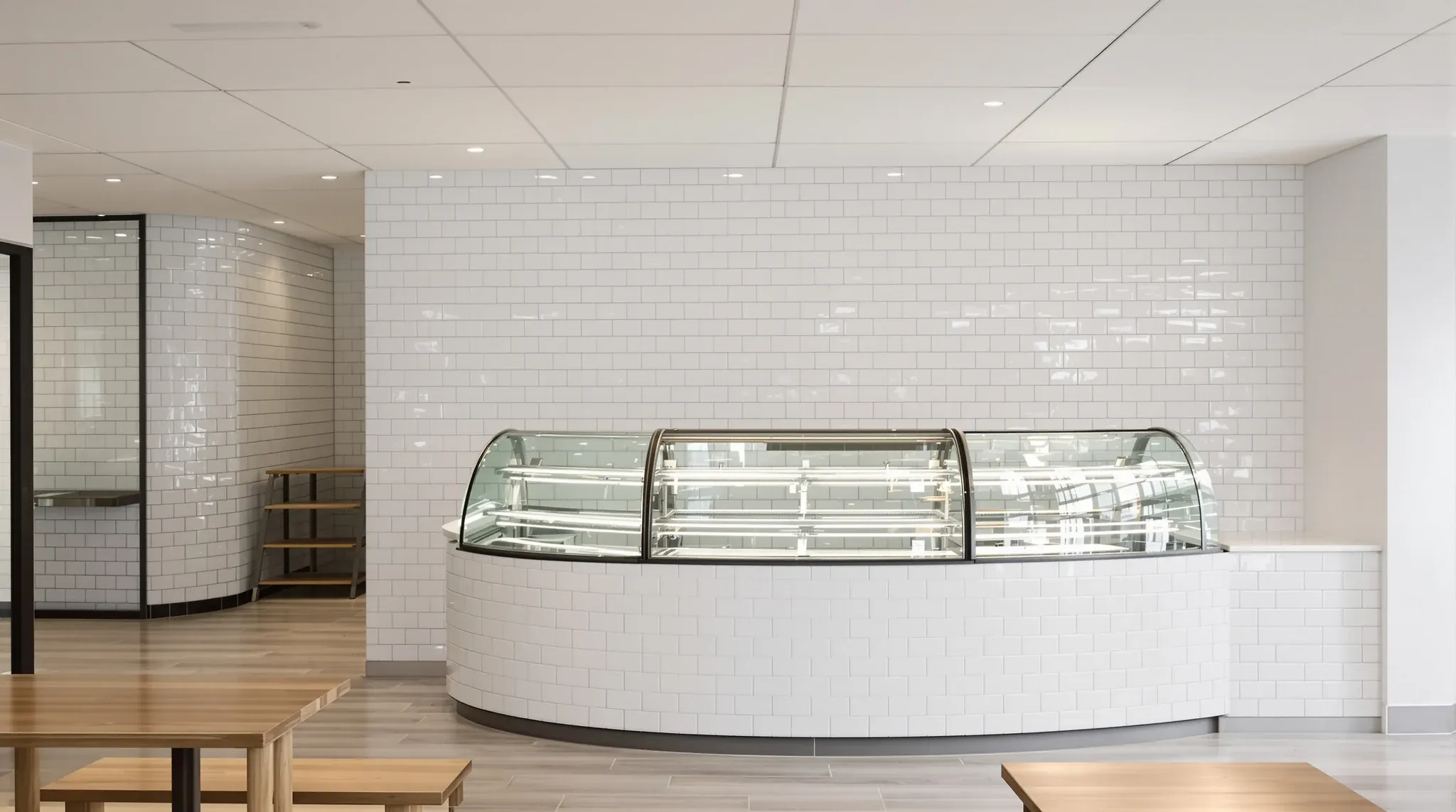 Empty finished small bakery front of house with display counter edge and tiled floor, no signage