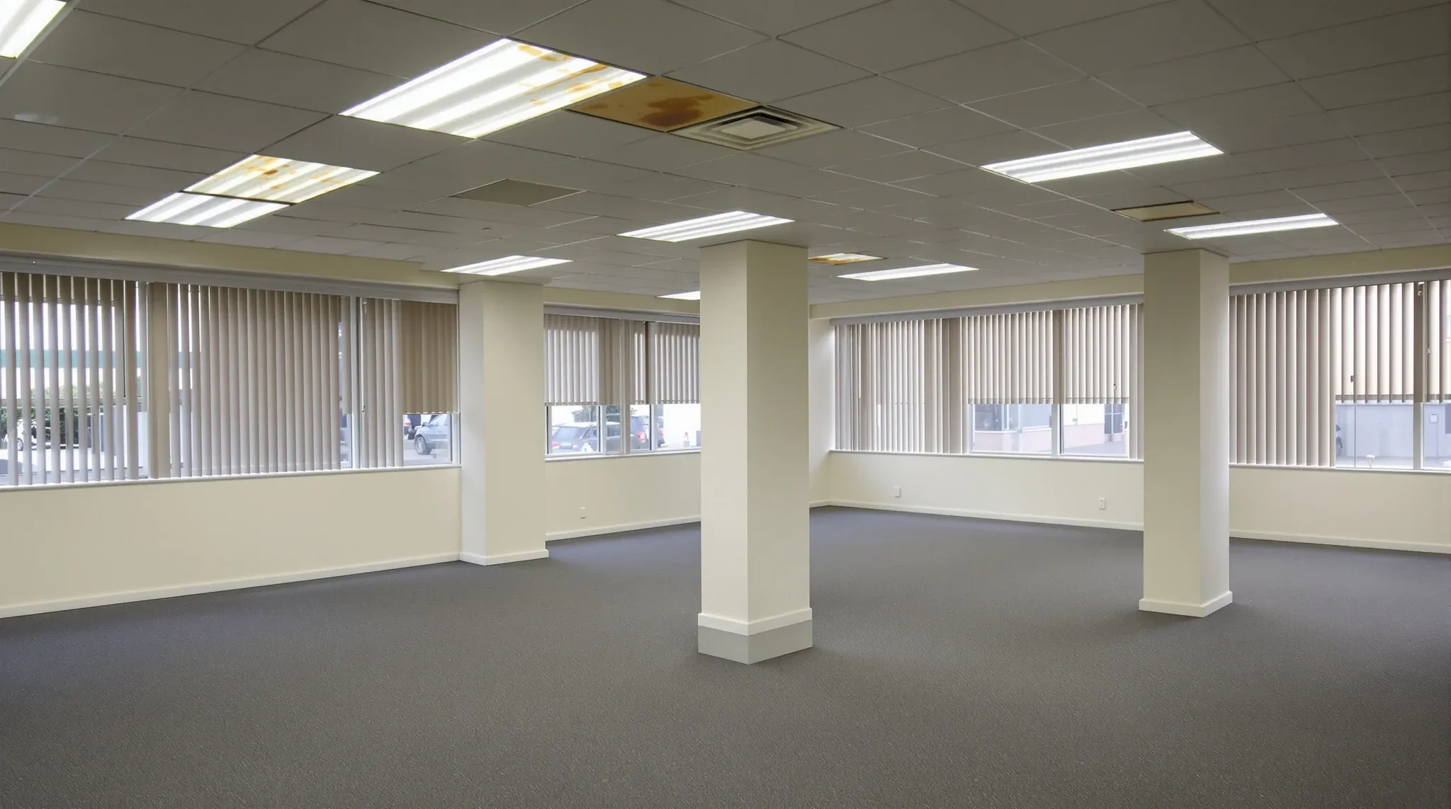 A vacant older office floor with water-stained and sagging ceiling tiles above plain carpet