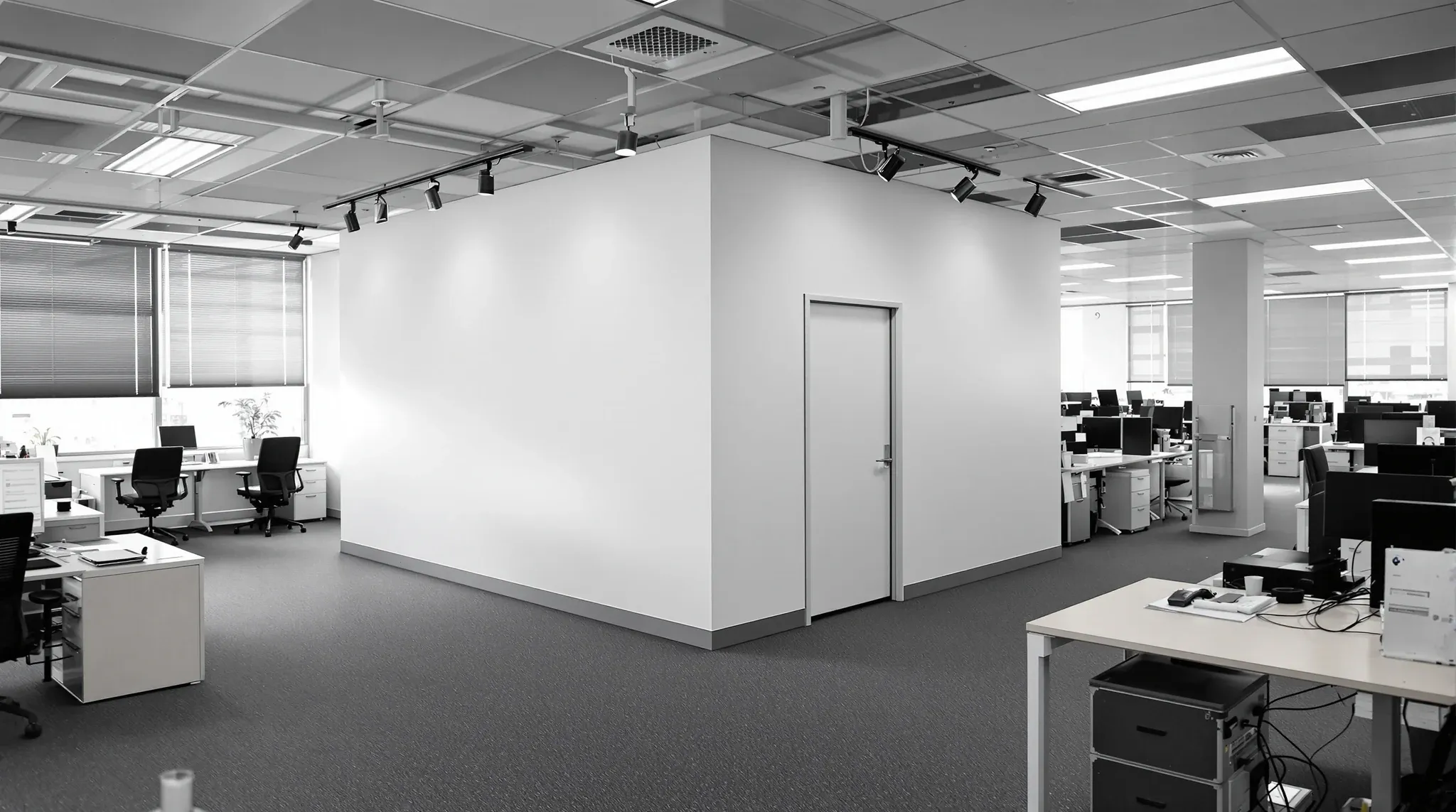 An enclosed private office built within an open plan floor, door closed
