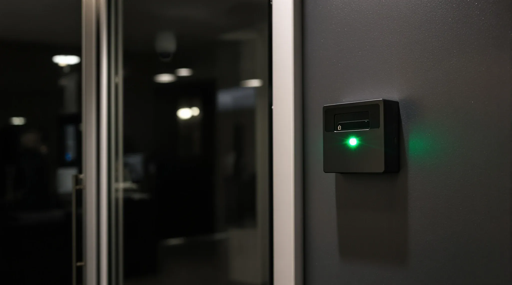 A plain card reader beside a locked glass office entry door at night