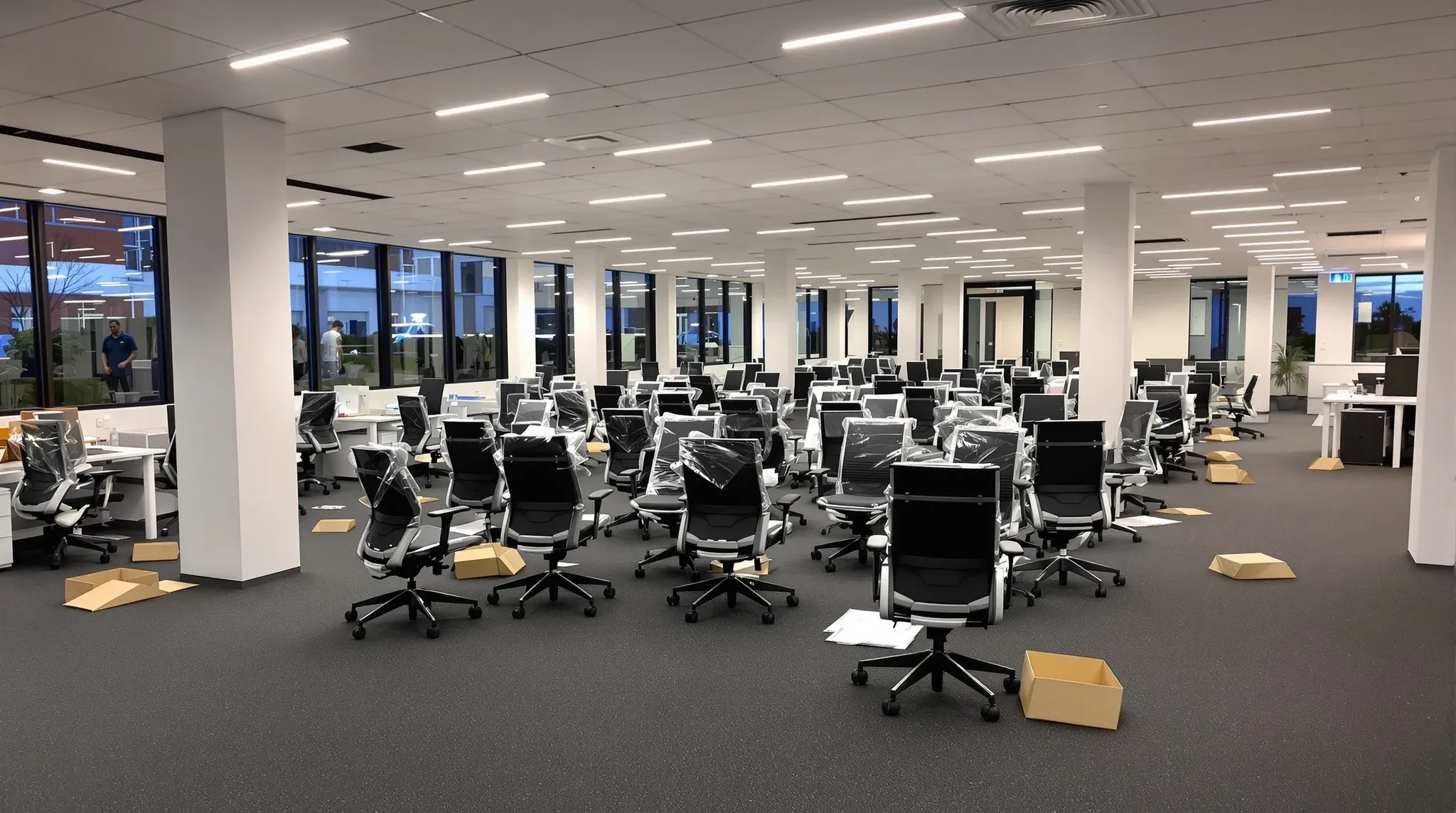 New office chairs still wrapped in plastic on a finished floor the evening before move-in