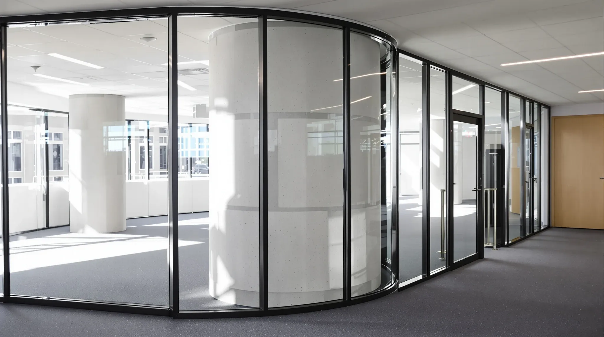 A glazed office partition meeting a round column with a patched plasterboard infill