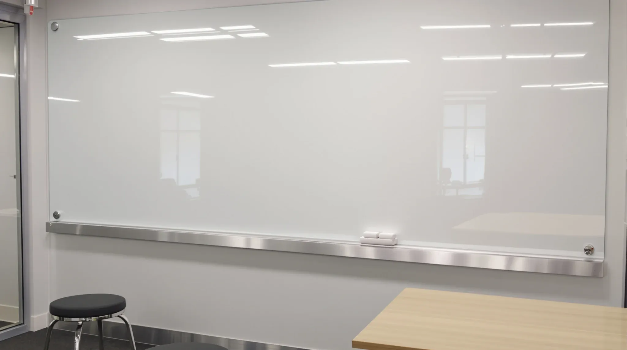 A clean white glass marker board fixed to a project room wall above a slim marker ledge