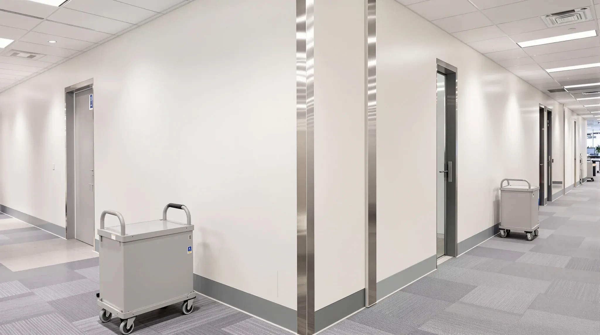 A corridor wall scuffed and dented at trolley height beside a clean stainless steel corner guard