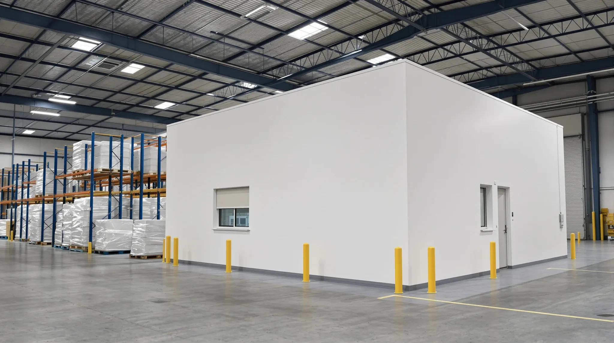 A solid white plasterboard office built inside a busy warehouse, seen from the warehouse floor