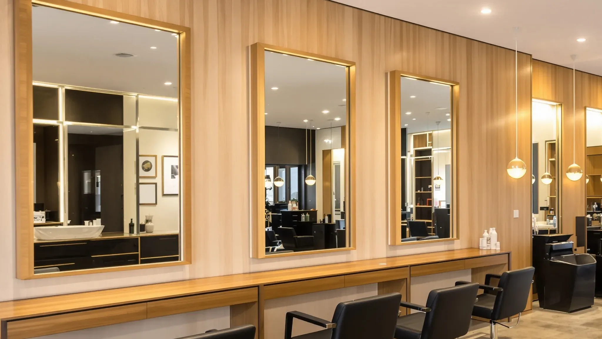 Upmarket hair salon with a row of large timber-framed mirrors over a timber bench and black styling chairs